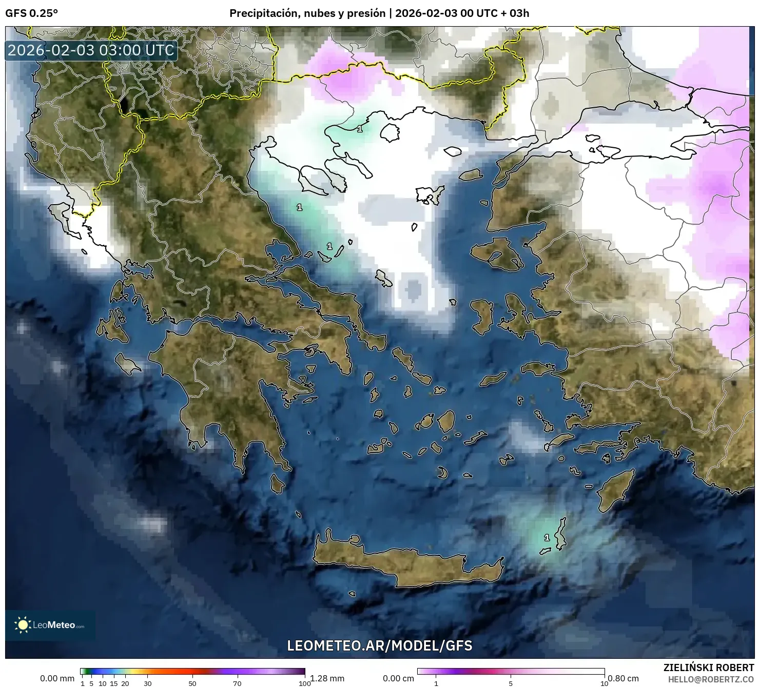 GFS model - Grecia, Precipitación, nubes y presión