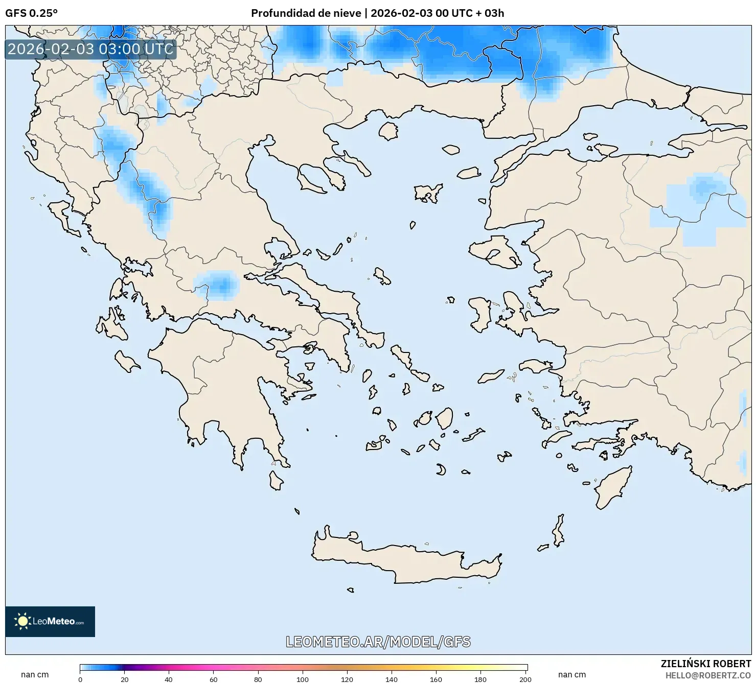 GFS model - Grecia, Profundidad de nieve