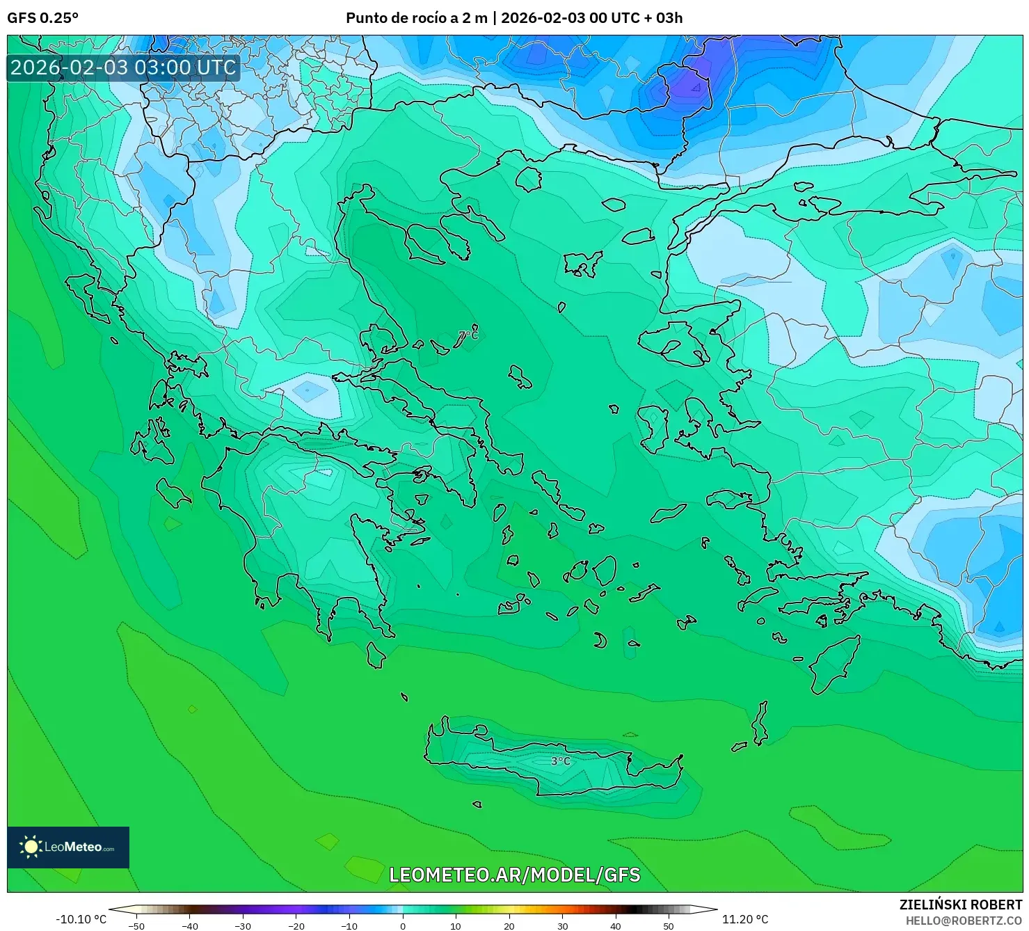 GFS model - Grecia, Punto de rocío a 2 m
