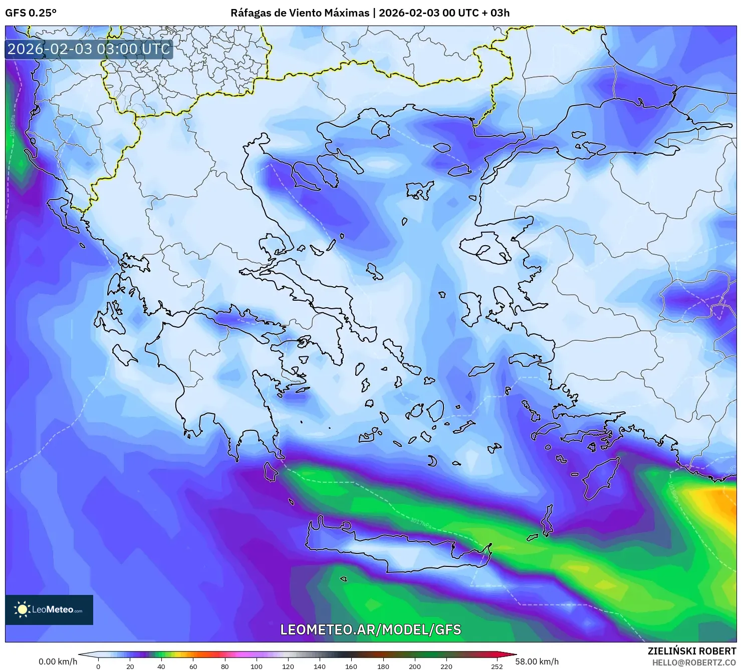 GFS model - Grecia, Ráfagas de Viento Máximas