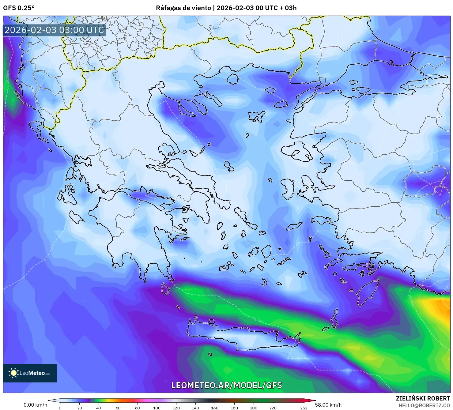 GFS model - Grecia, Ráfagas de viento