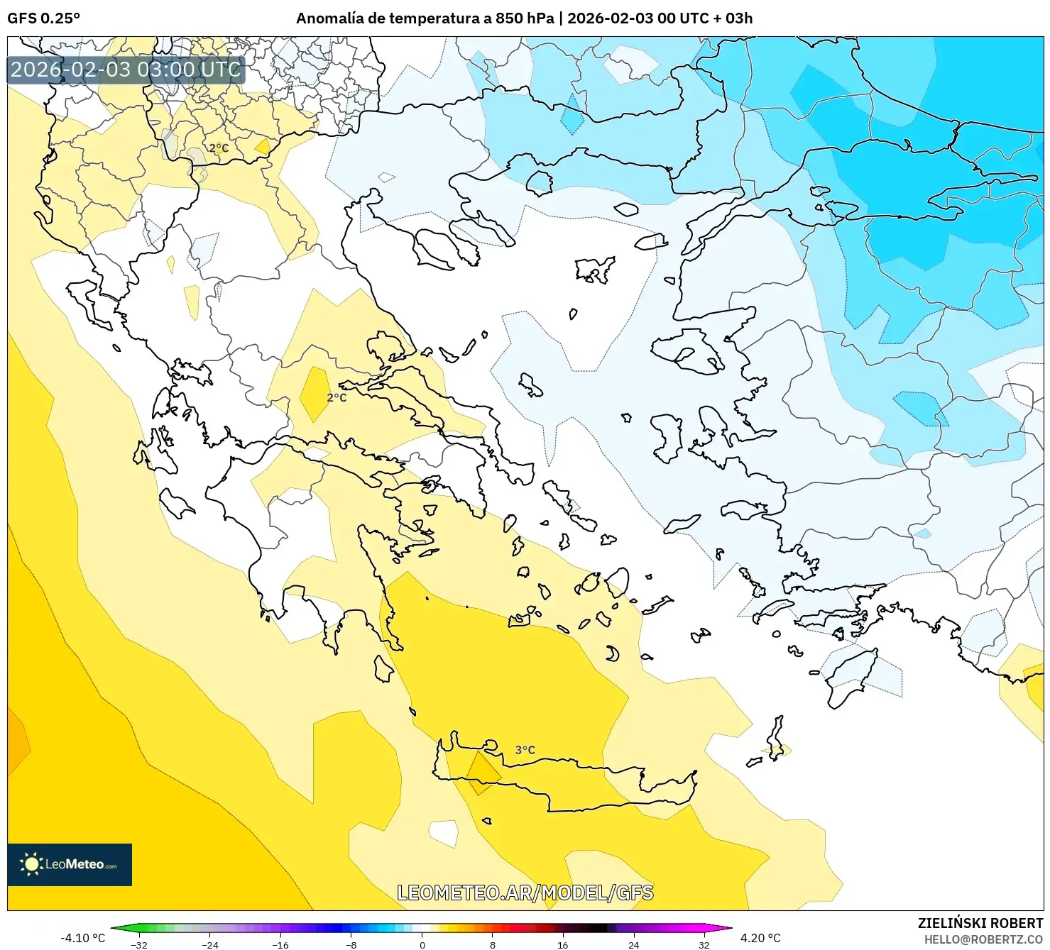 GFS model - Grecia, Anomalía de temperatura a 850 hPa