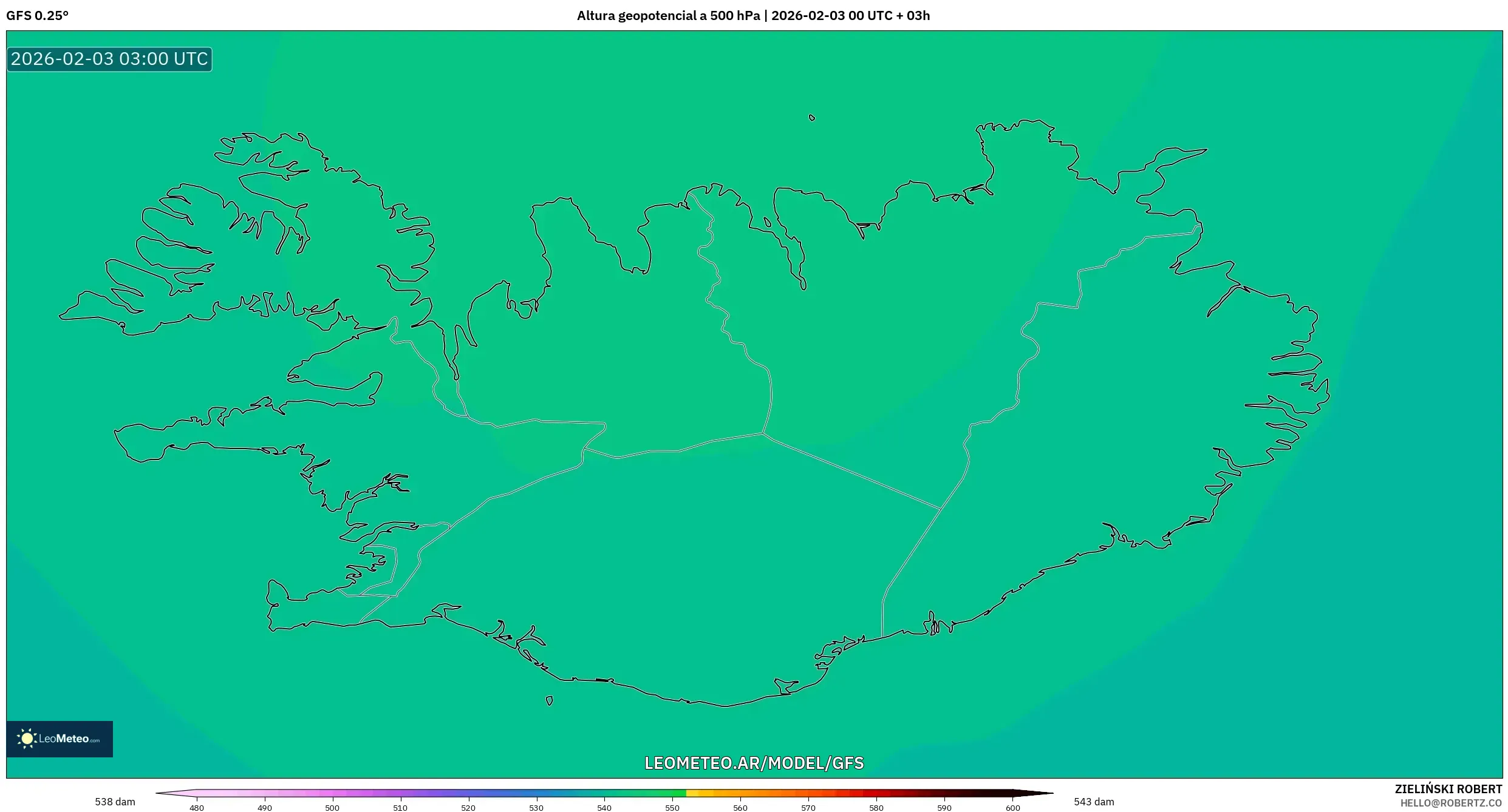 GFS model - Islandia, Altura geopotencial a 500 hPa