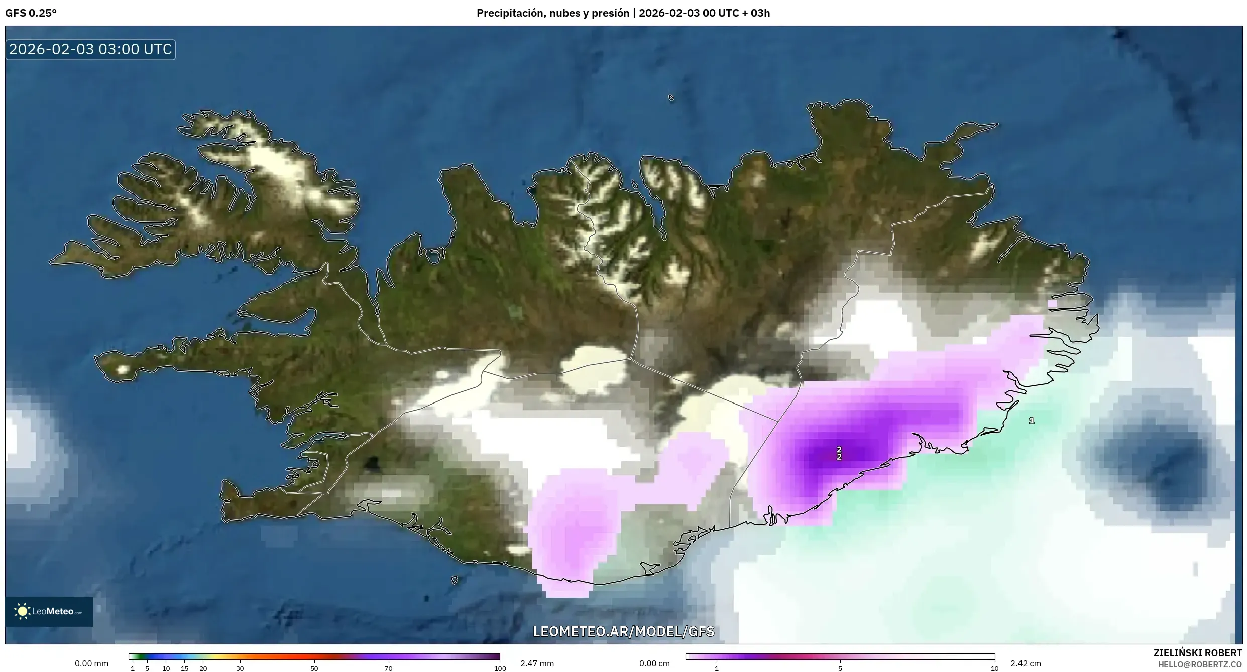 GFS model - Islandia, Precipitación, nubes y presión