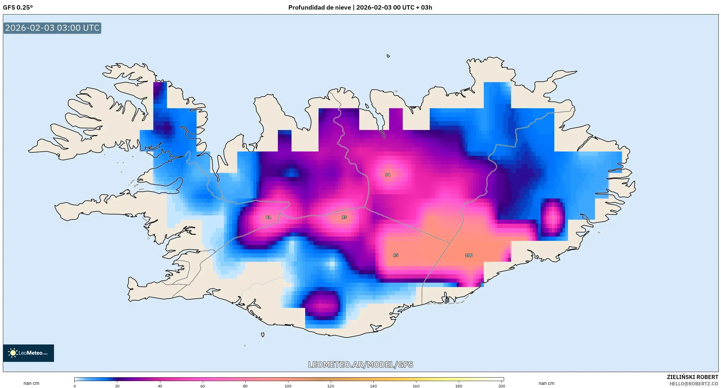 GFS model - Islandia, Profundidad de nieve