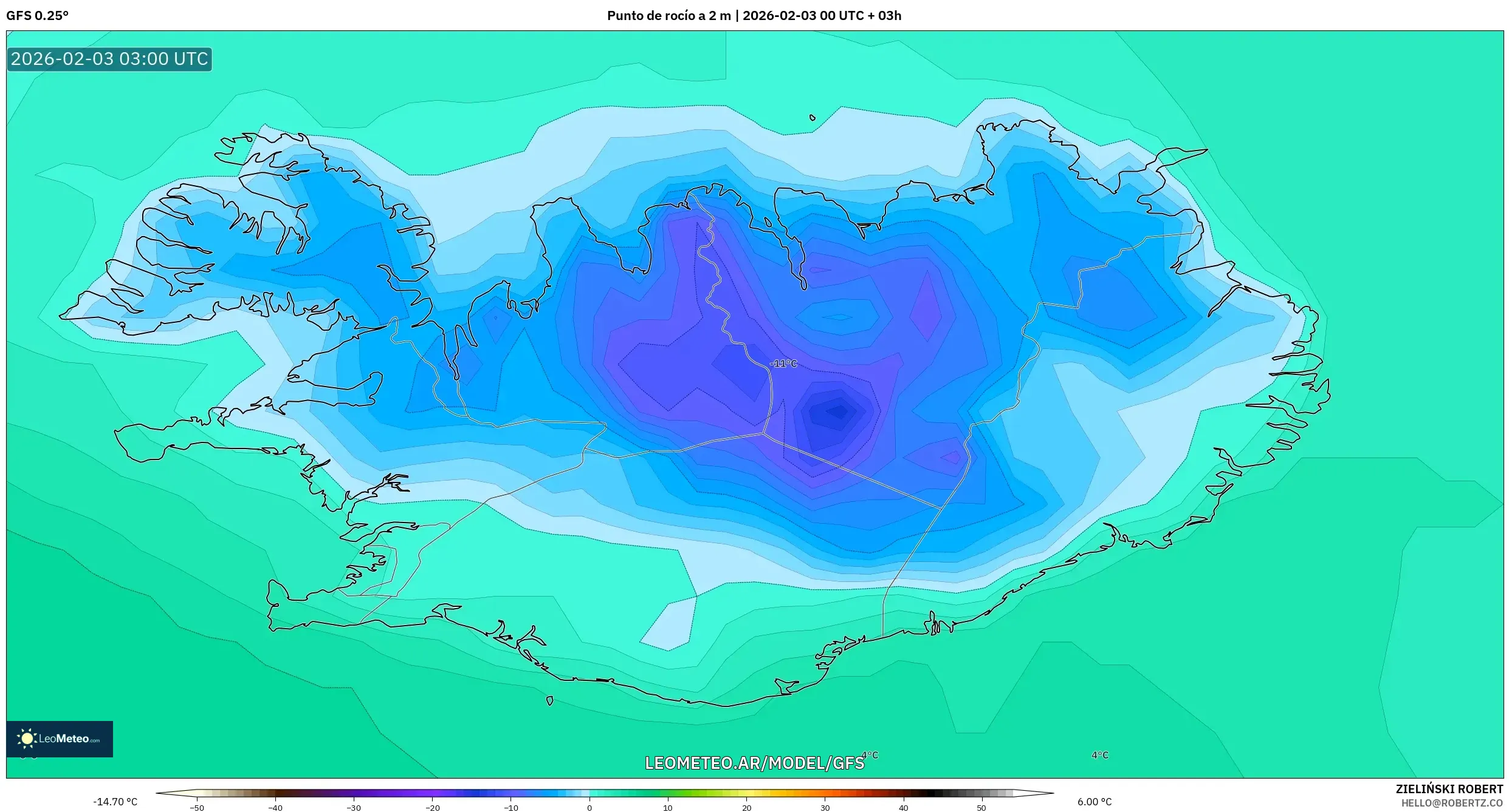 GFS model - Islandia, Punto de rocío a 2 m