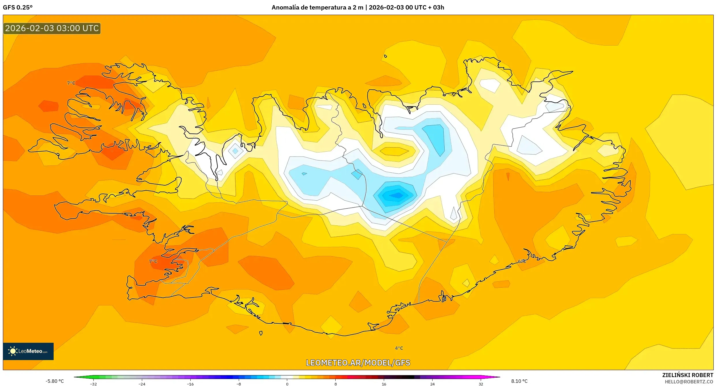 GFS model - Islandia, Anomalía de temperatura a 2 m