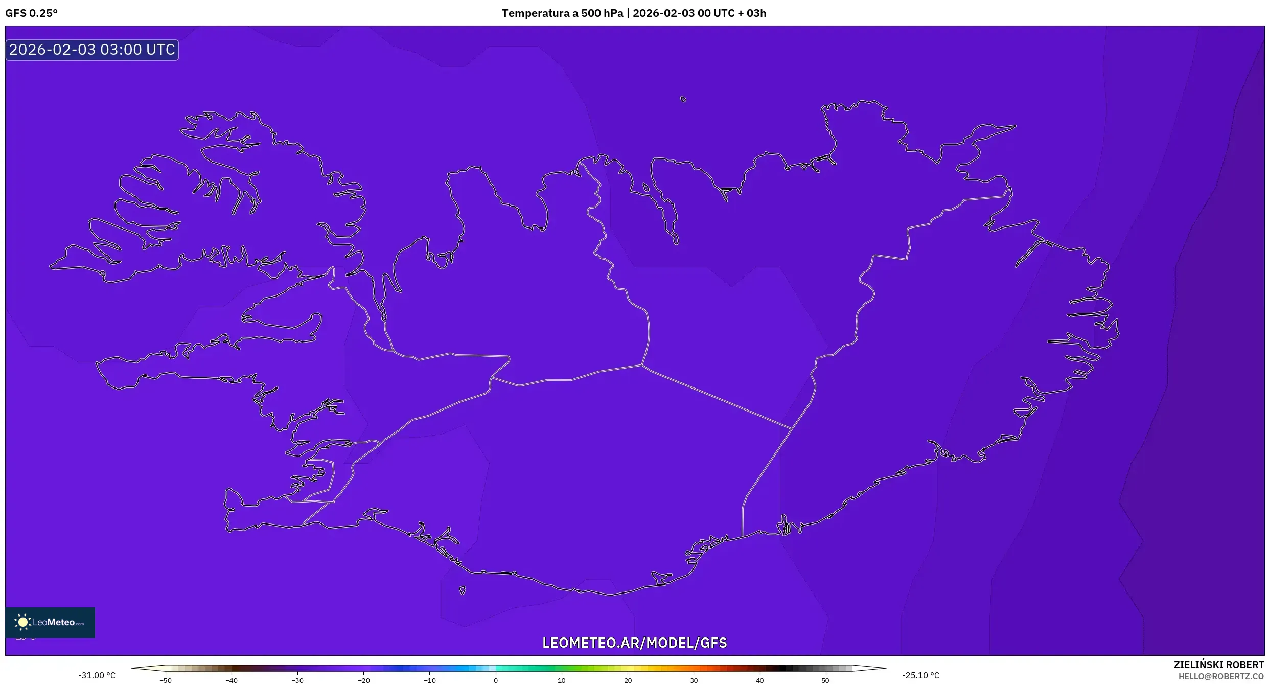 GFS model - Islandia, Temperatura a 500 hPa