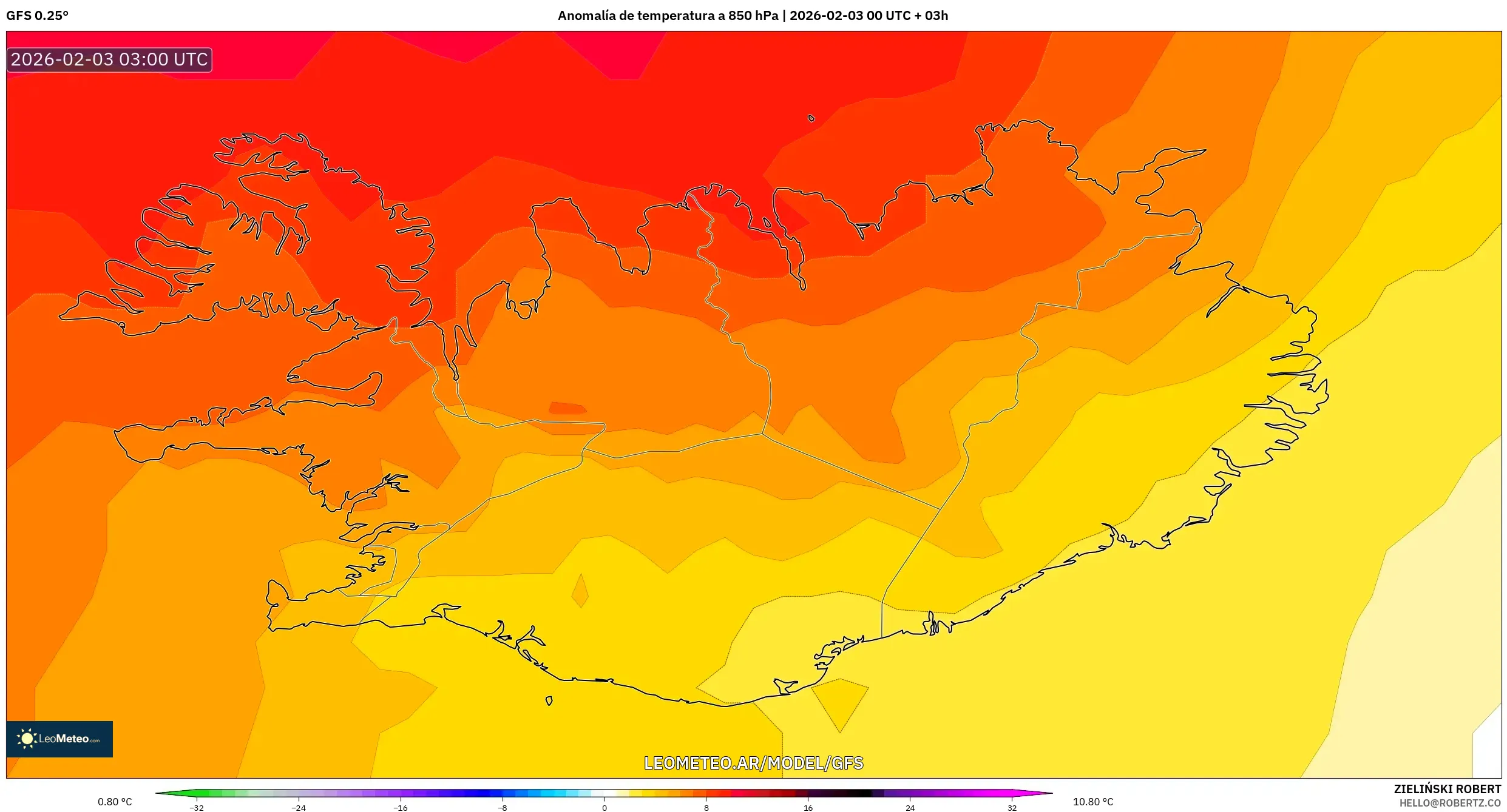 GFS model - Islandia, Anomalía de temperatura a 850 hPa