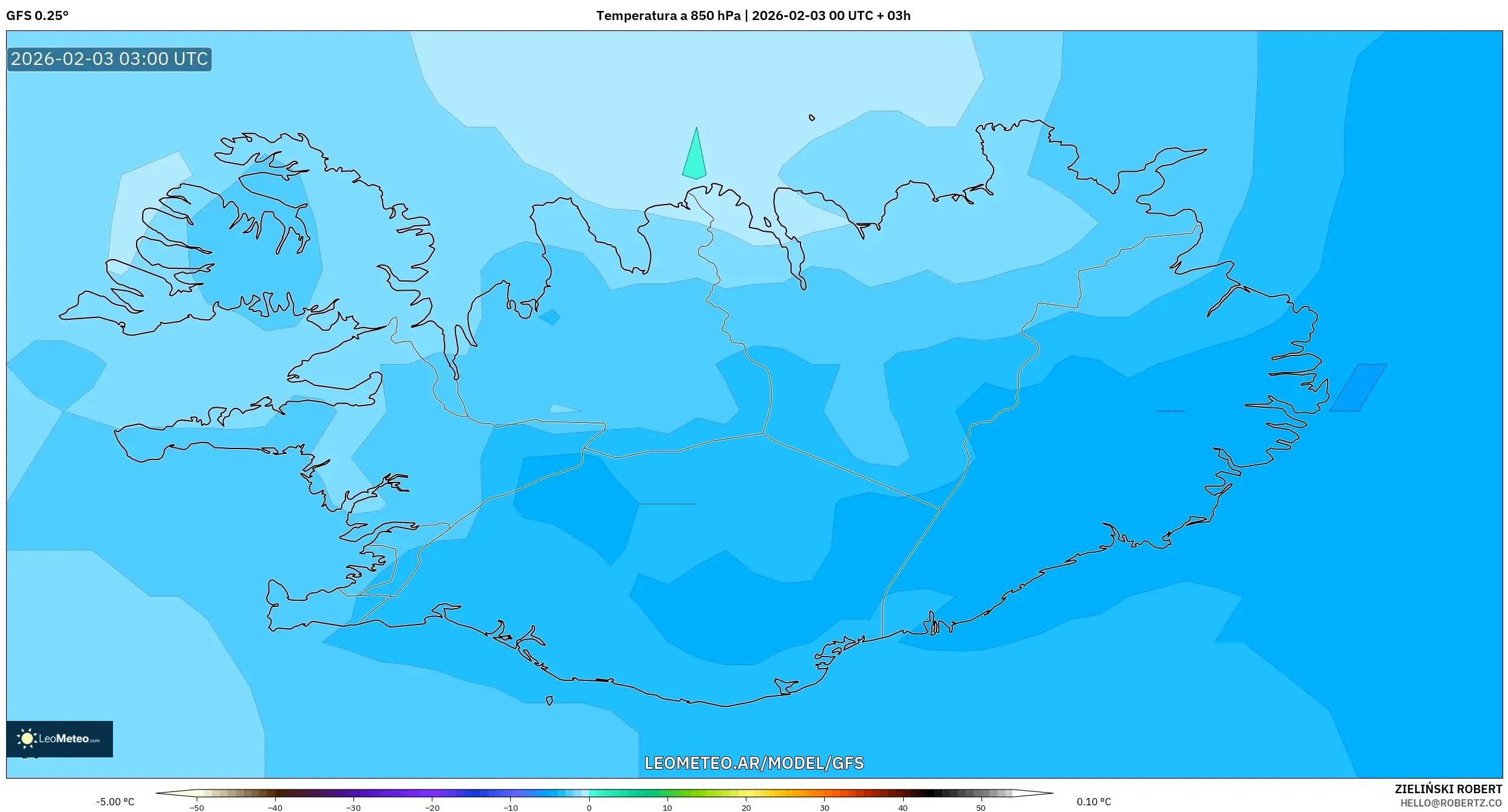 GFS model - Islandia, Temperatura a 850 hPa