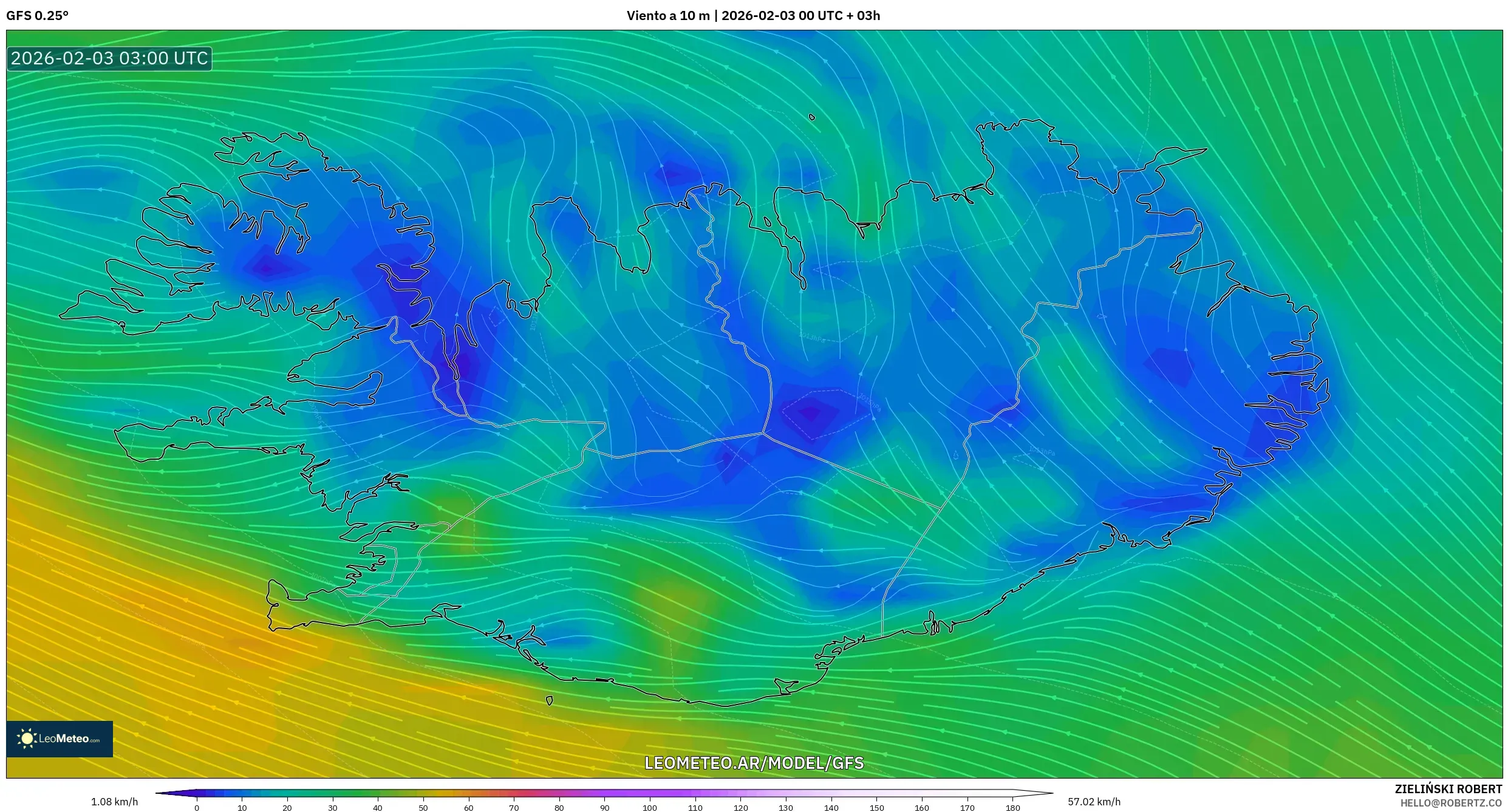 GFS model - Islandia, Viento a 10 m