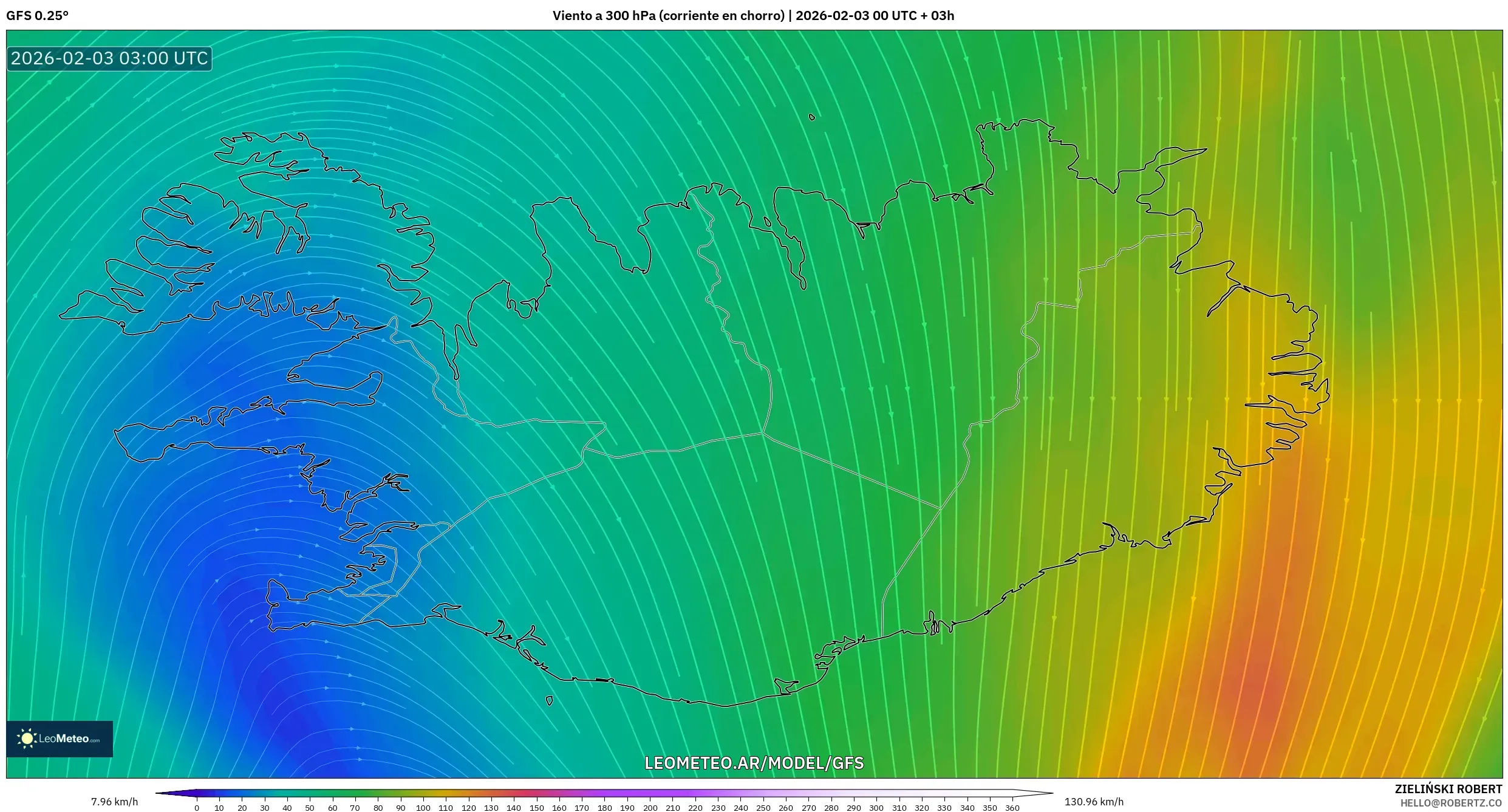 GFS model - Islandia, Viento a 300 hPa (corriente en chorro)