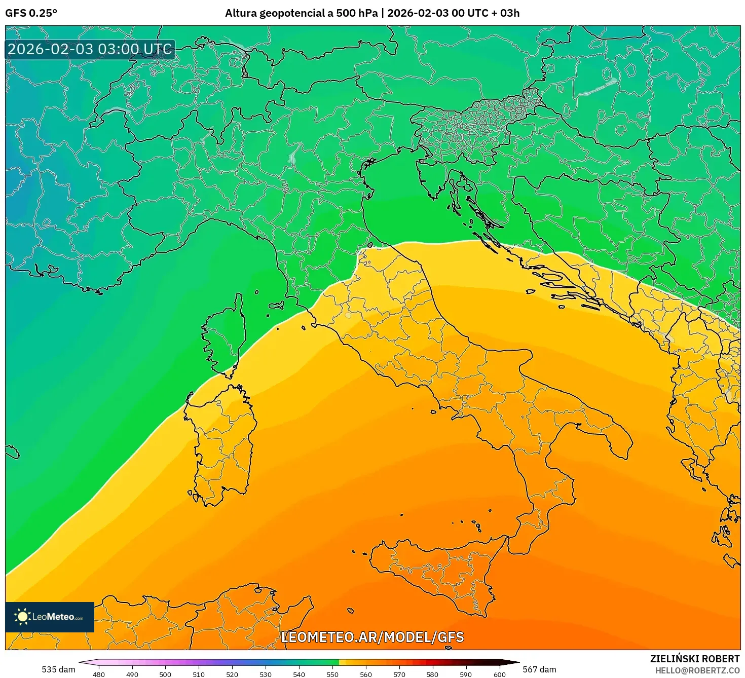 GFS model - Italia, Altura geopotencial a 500 hPa