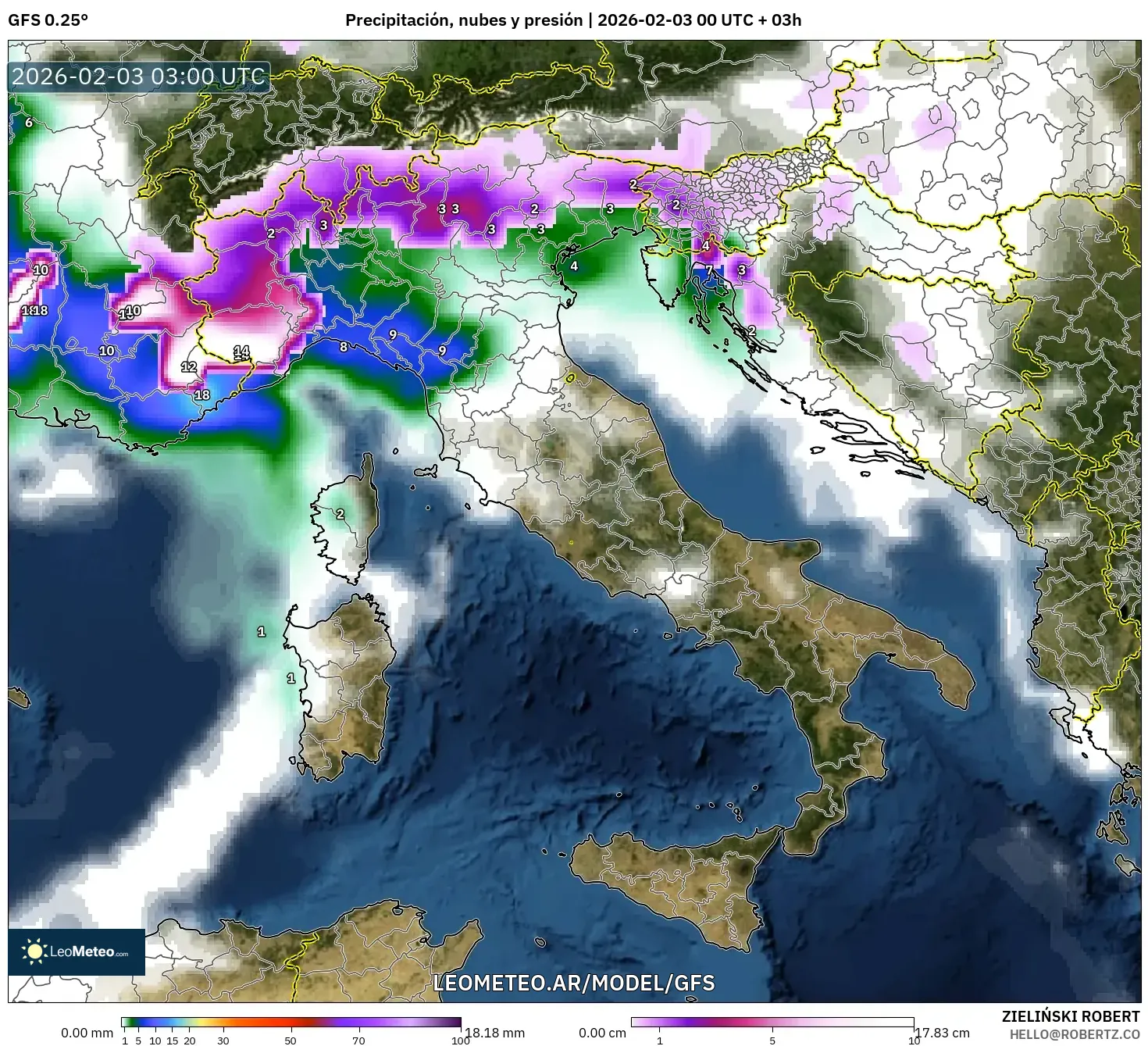 GFS model - Italia, Precipitación, nubes y presión