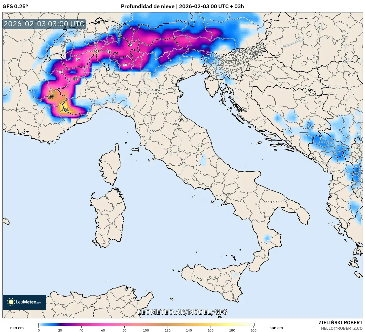 GFS model - Italia, Profundidad de nieve