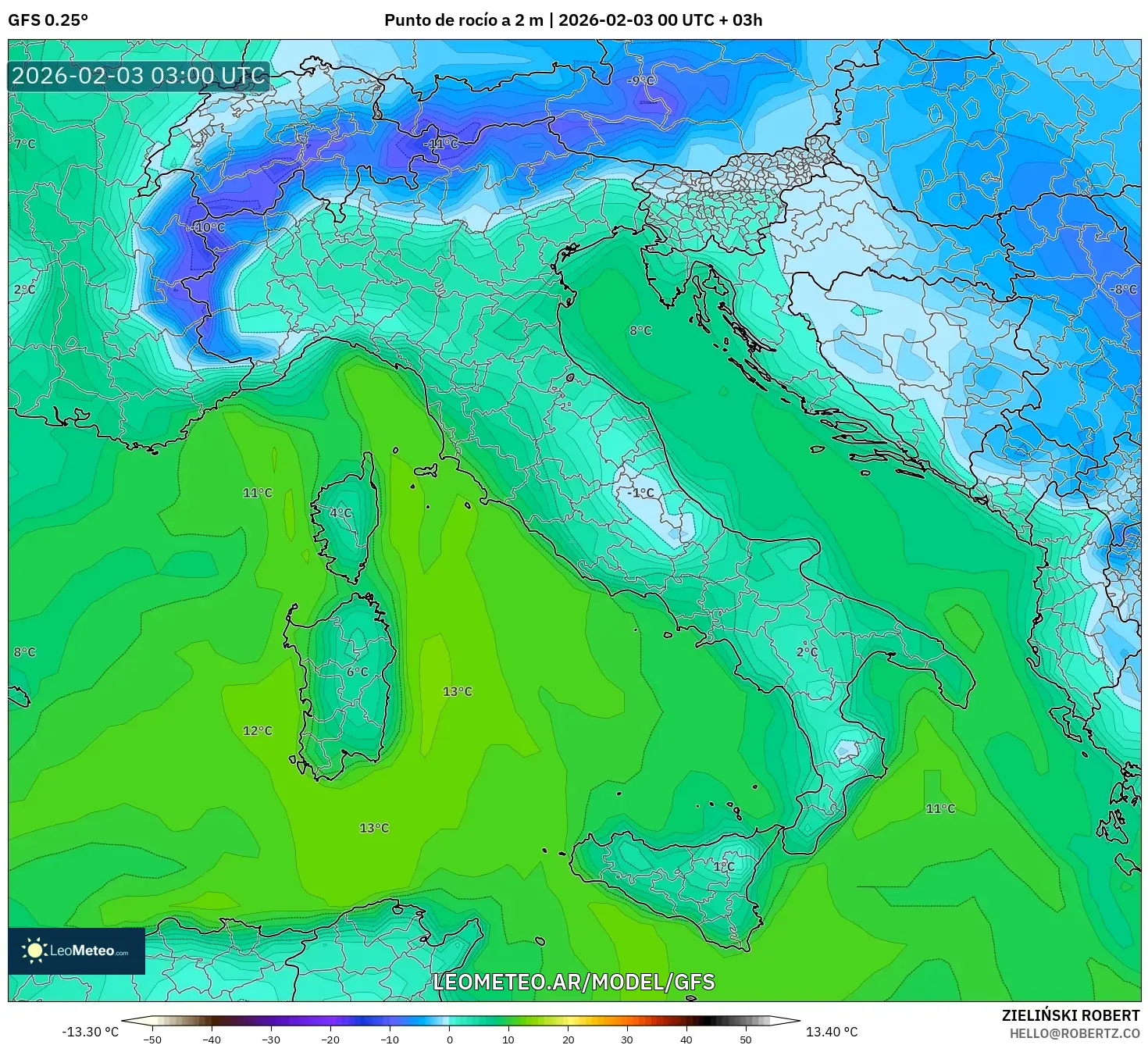 GFS model - Italia, Punto de rocío a 2 m