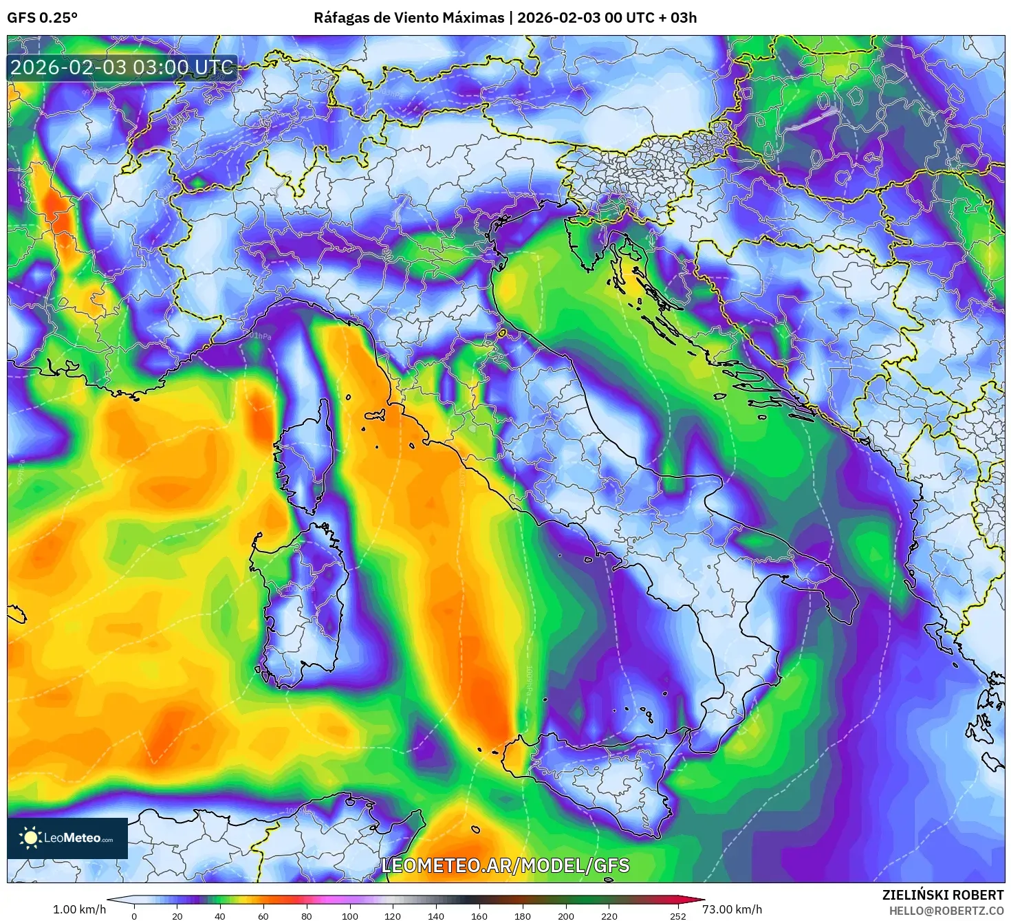 GFS model - Italia, Ráfagas de Viento Máximas