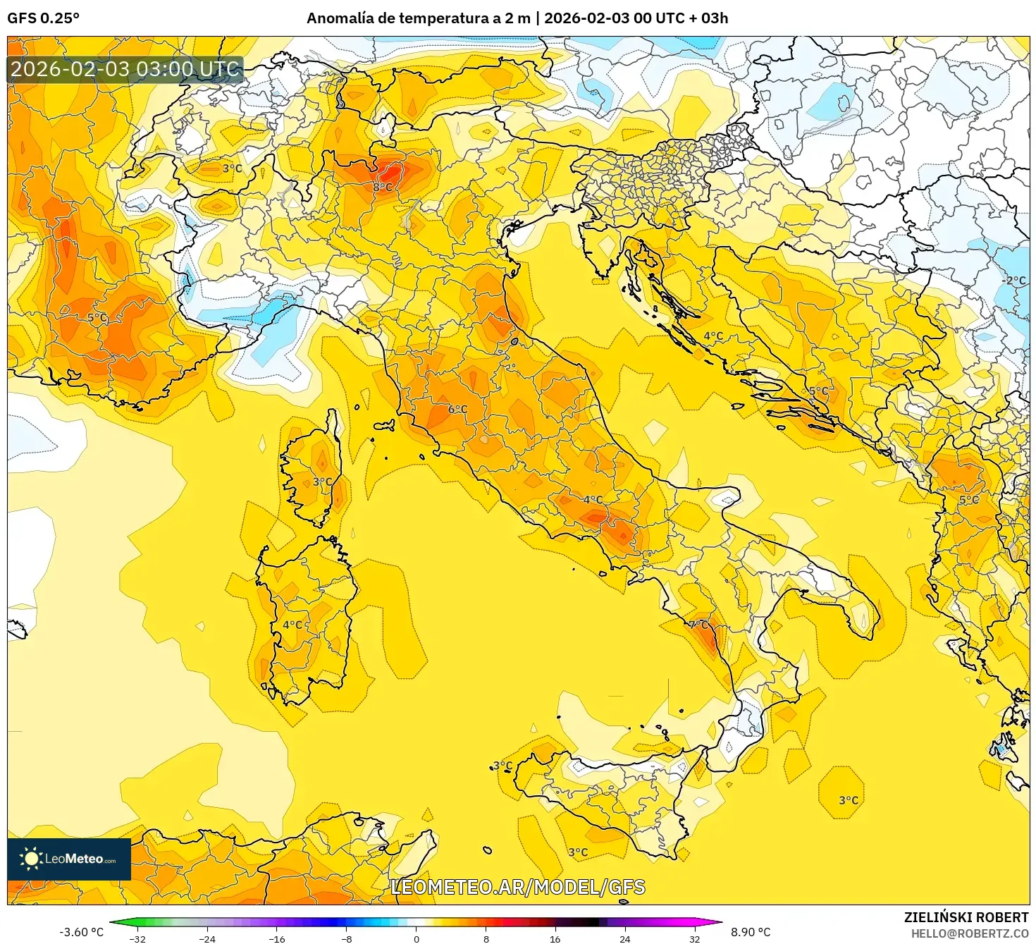 GFS model - Italia, Anomalía de temperatura a 2 m