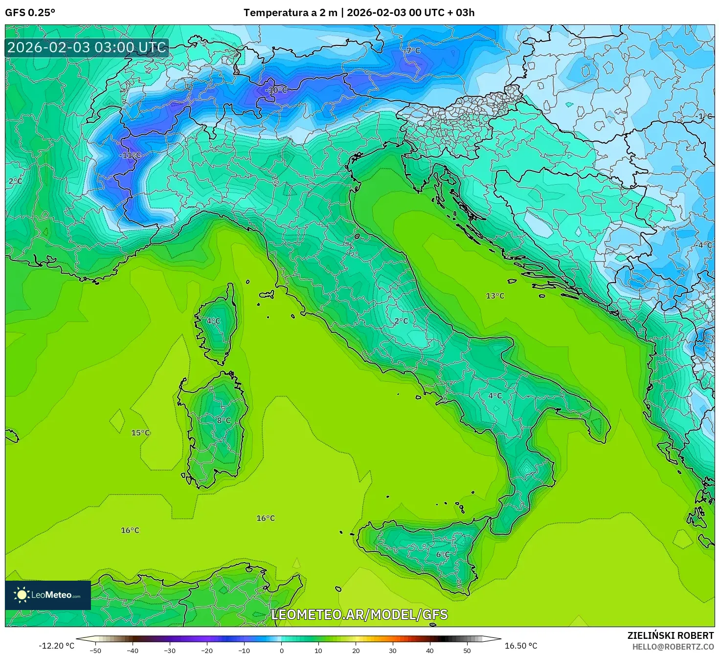 GFS model - Italia, Temperatura a 2 m