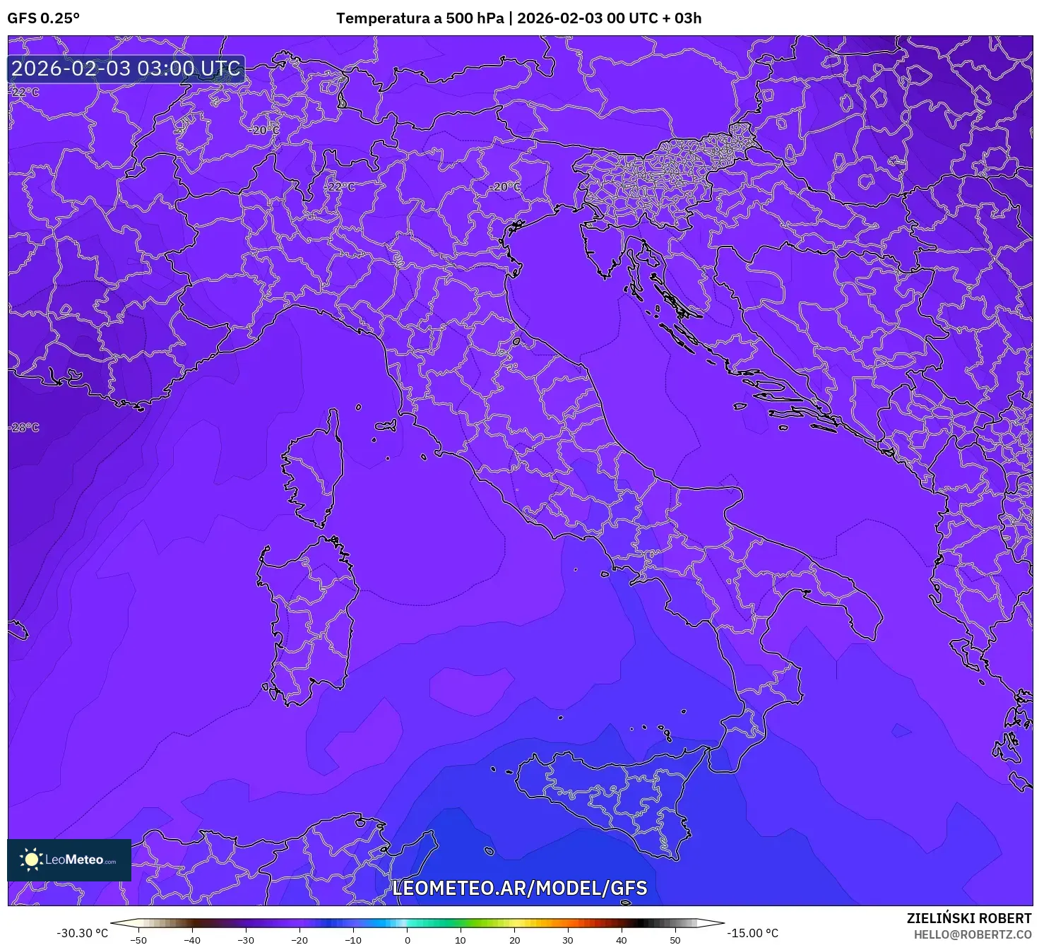 GFS model - Italia, Temperatura a 500 hPa