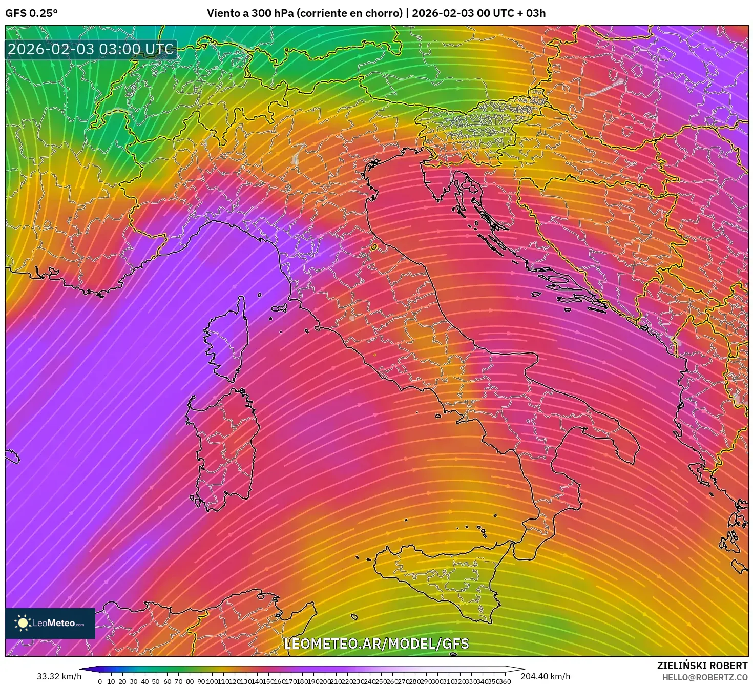 GFS model - Italia, Viento a 300 hPa (corriente en chorro)