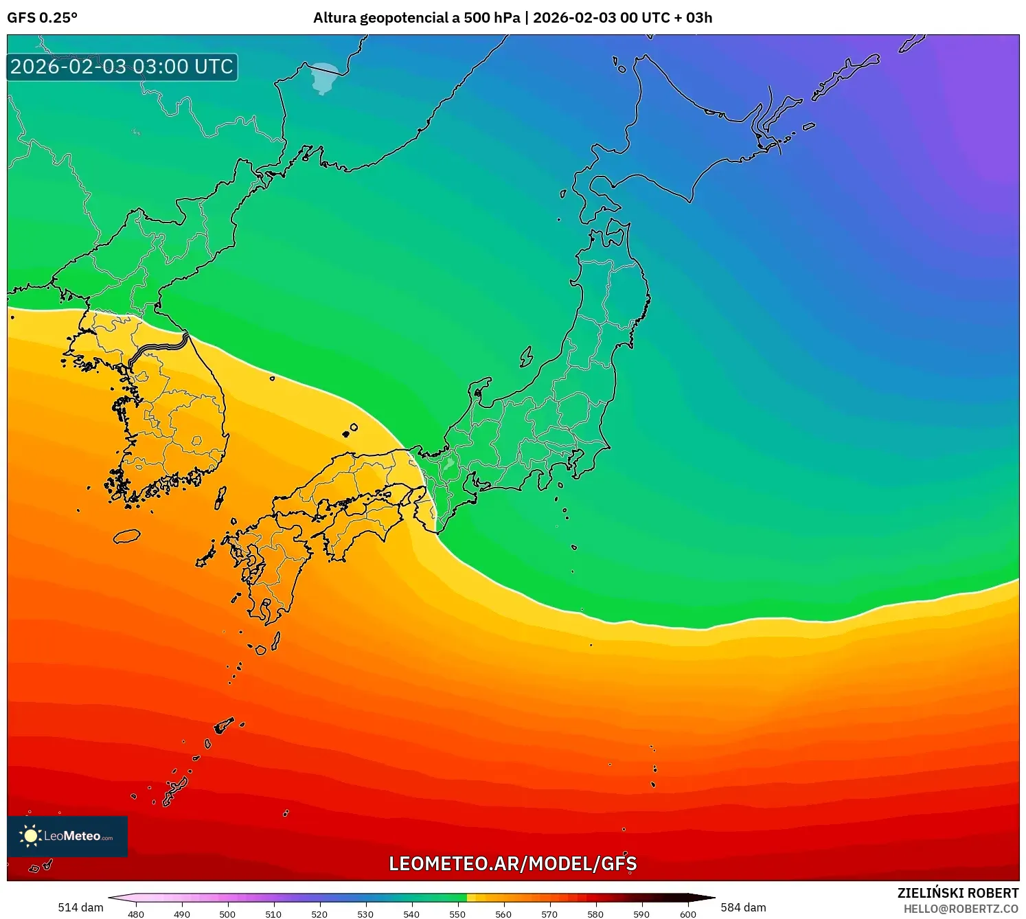 GFS model - Japón, Altura geopotencial a 500 hPa