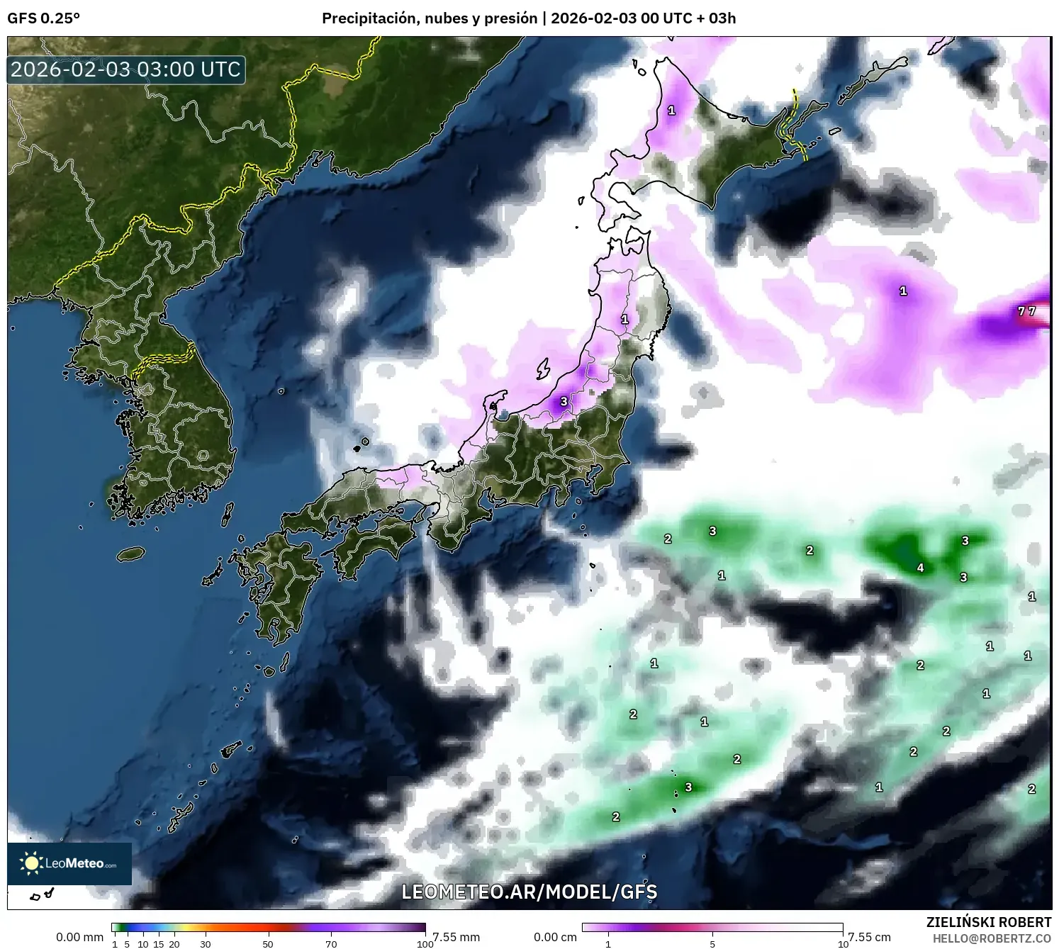 GFS model - Japón, Precipitación, nubes y presión