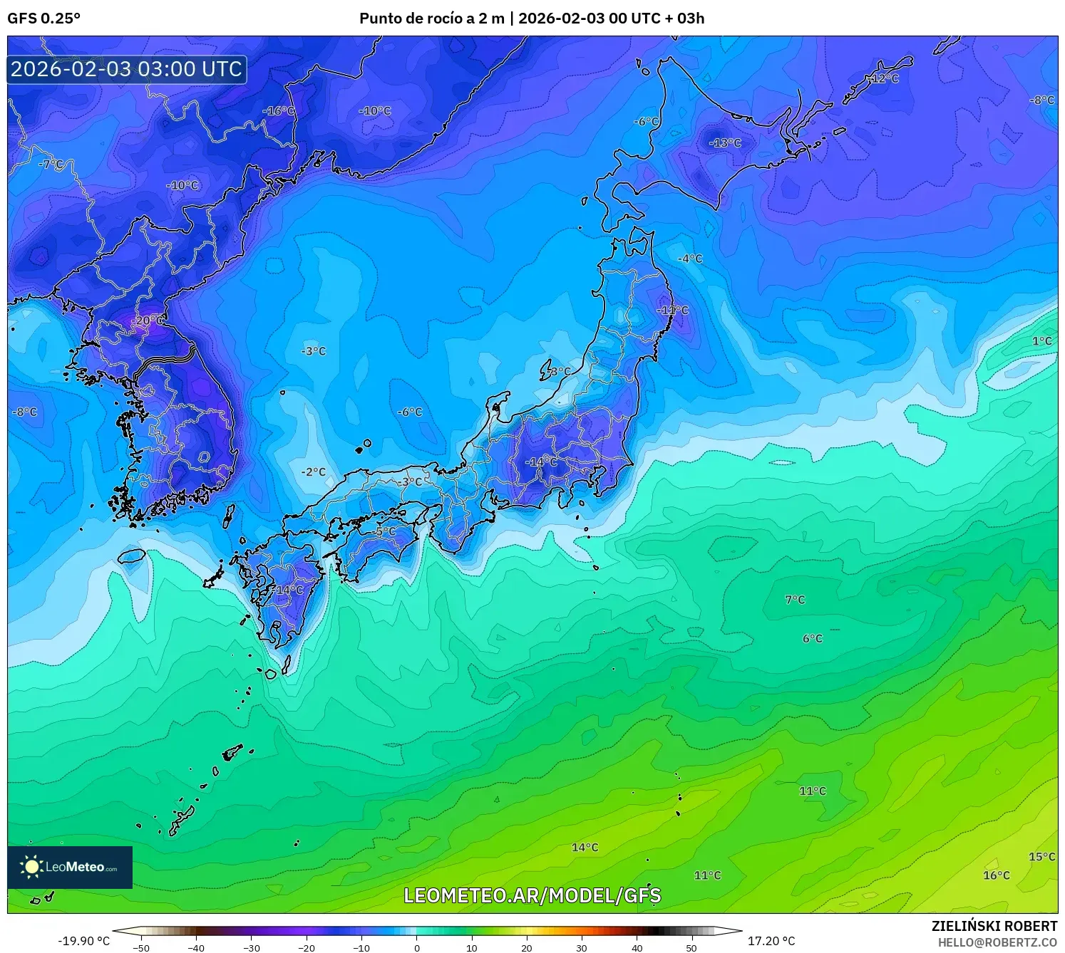GFS model - Japón, Punto de rocío a 2 m