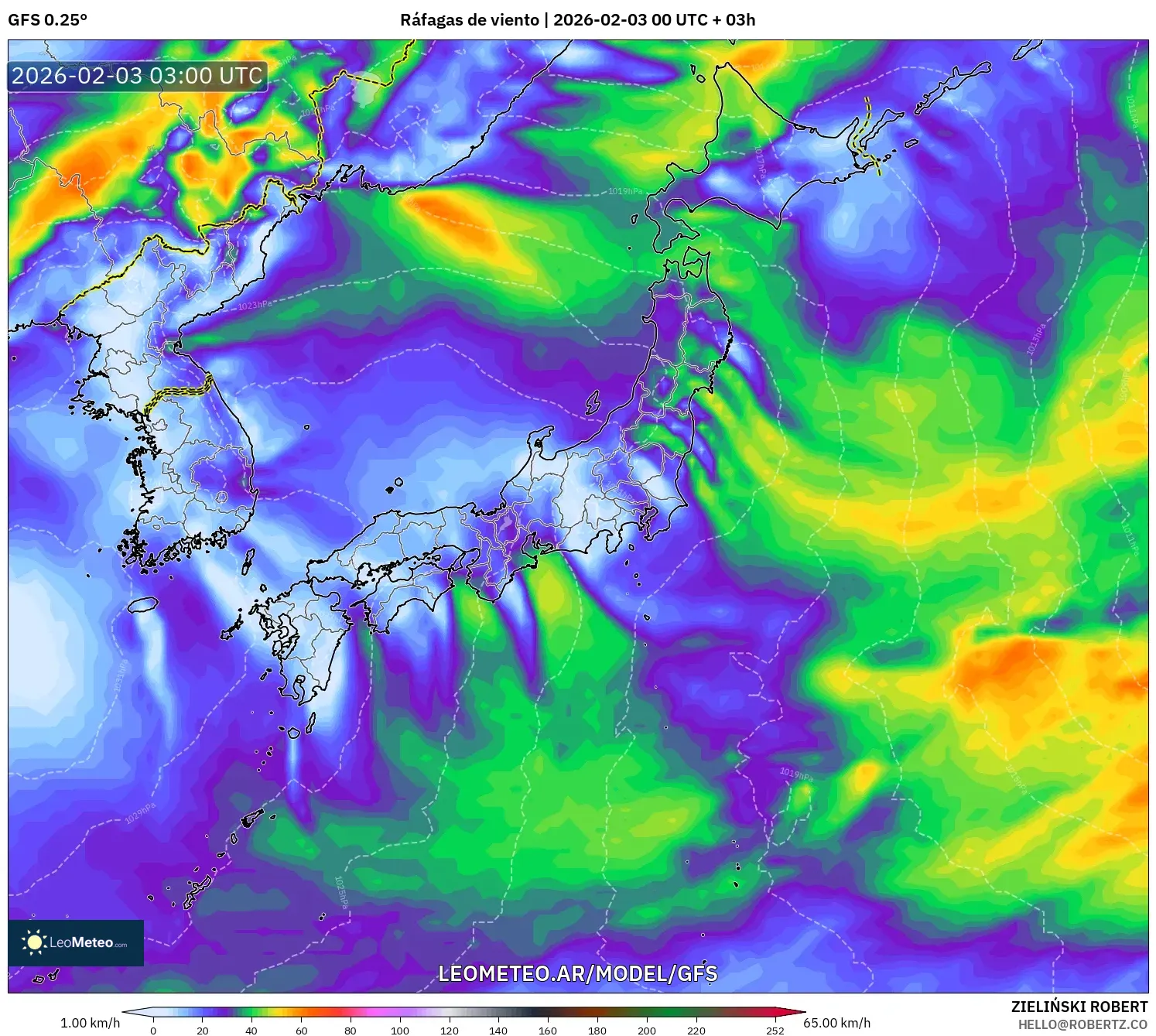 GFS model - Japón, Ráfagas de viento