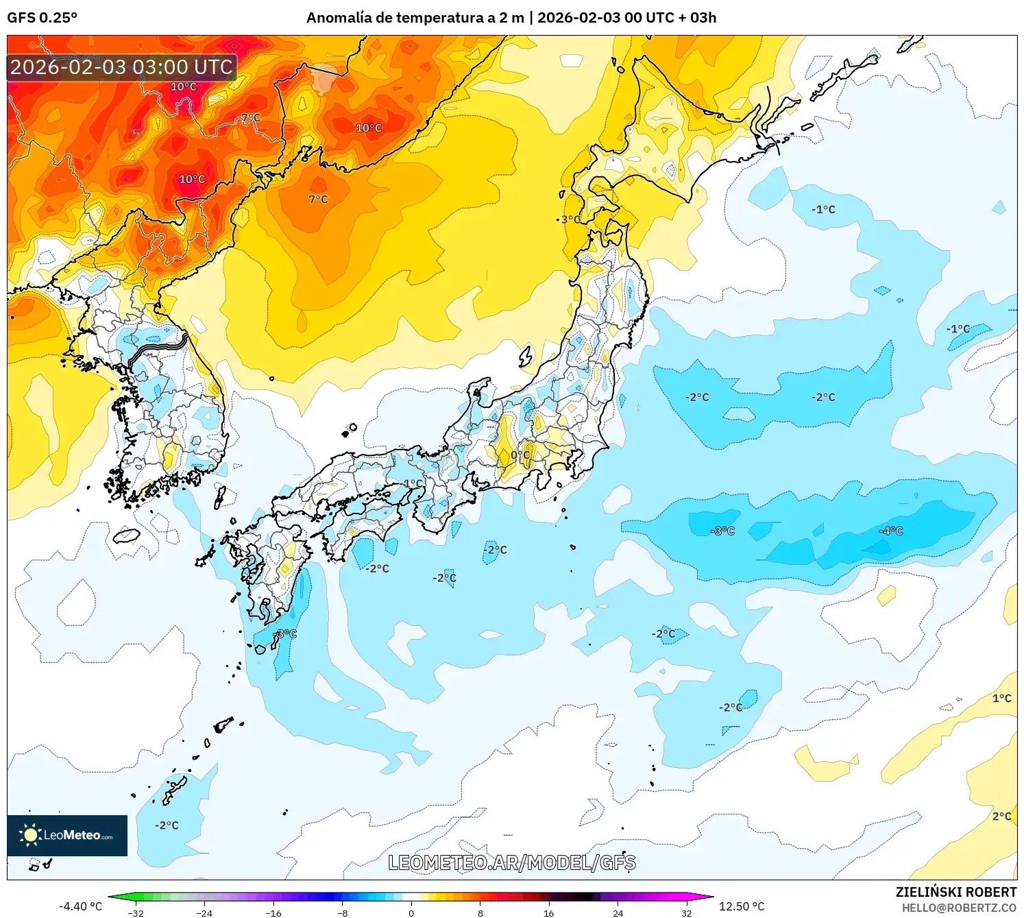 GFS model - Japón, Anomalía de temperatura a 2 m