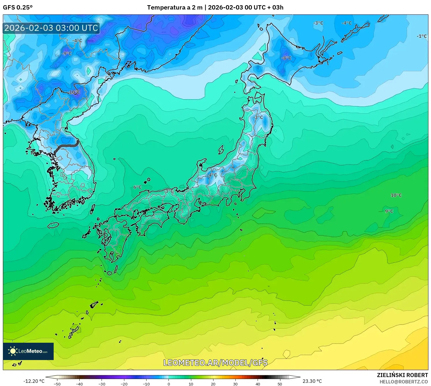 GFS model - Japón, Temperatura a 2 m