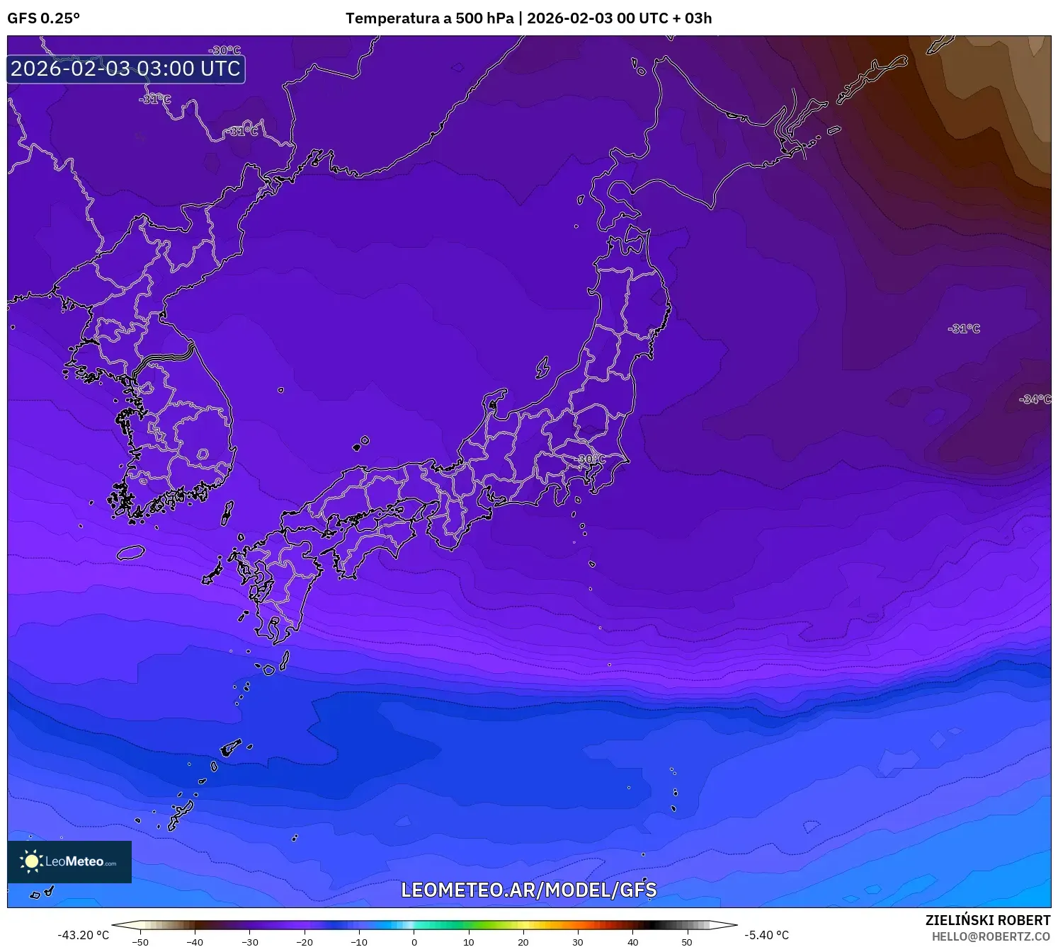 GFS model - Japón, Temperatura a 500 hPa