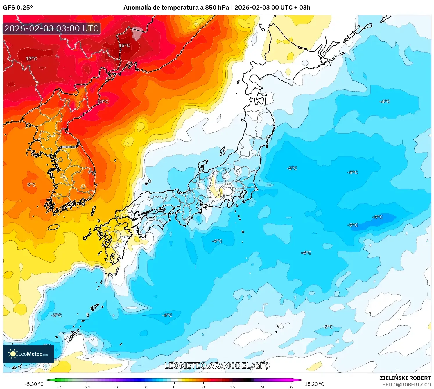 GFS model - Japón, Anomalía de temperatura a 850 hPa