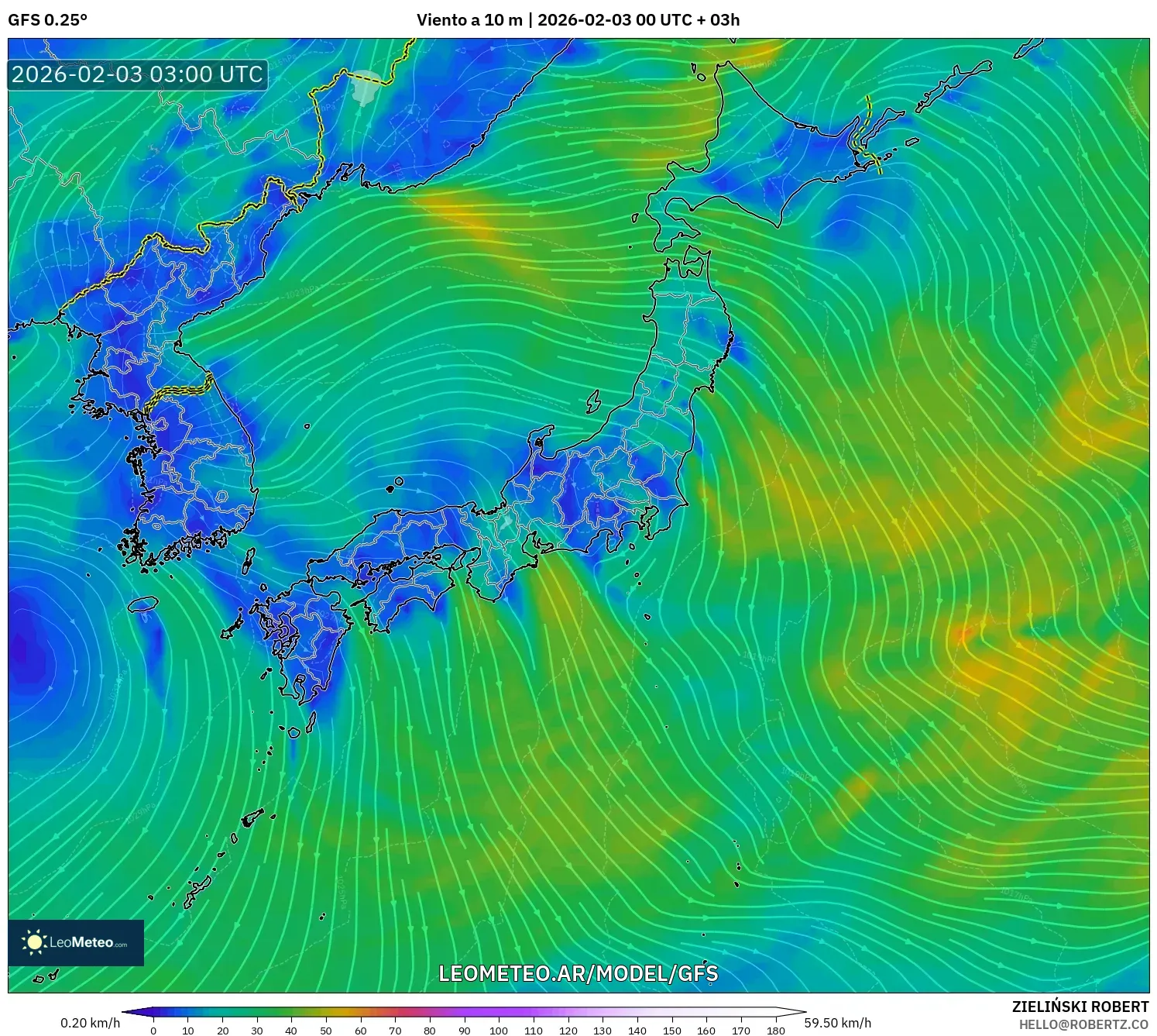 GFS model - Japón, Viento a 10 m