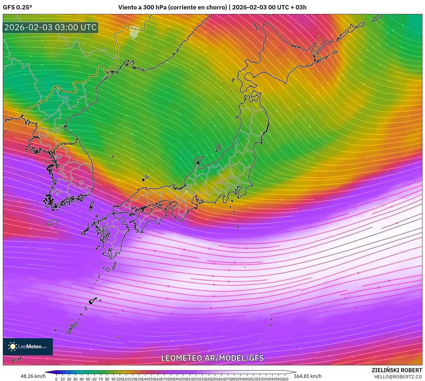 GFS model - Japón, Viento a 300 hPa (corriente en chorro)