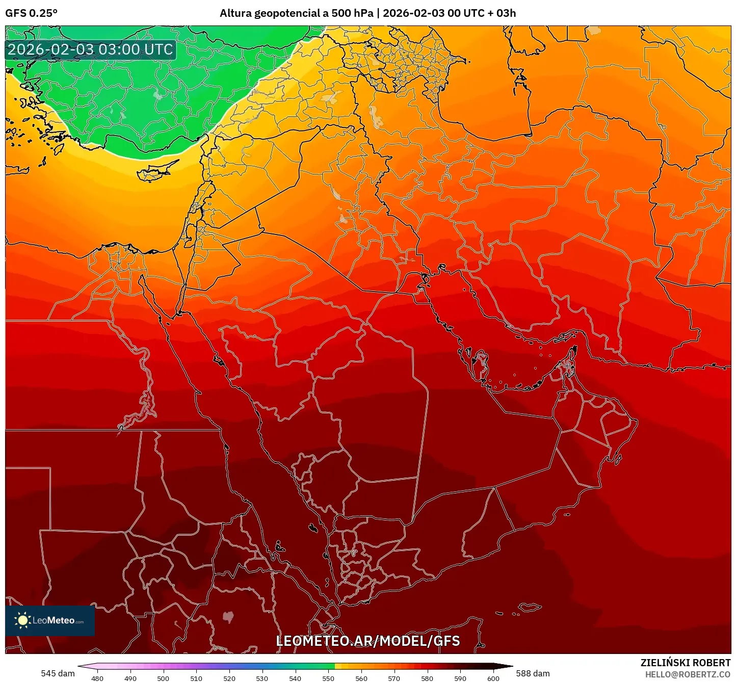 GFS model - Oriente Medio, Altura geopotencial a 500 hPa