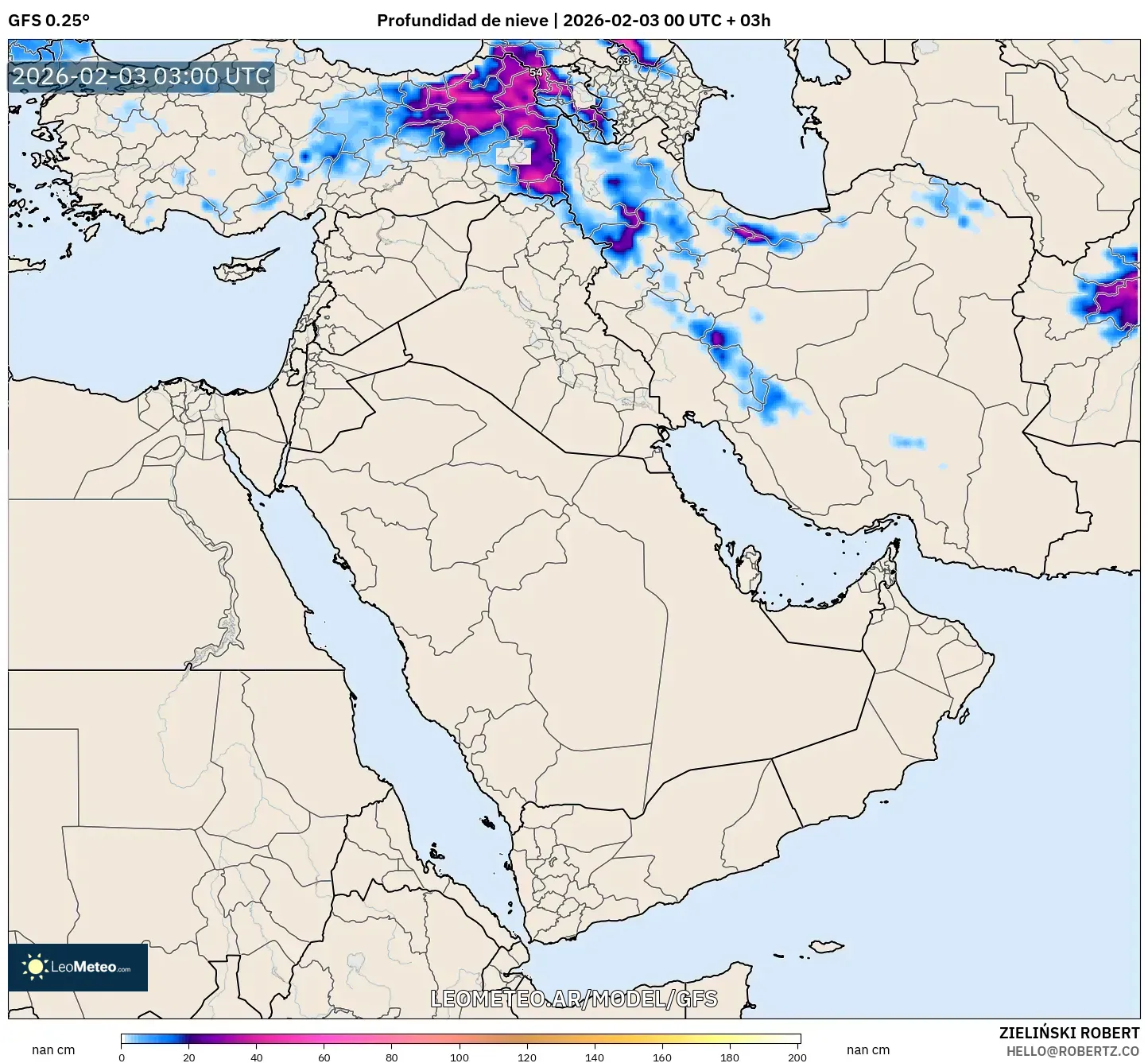 GFS model - Oriente Medio, Profundidad de nieve
