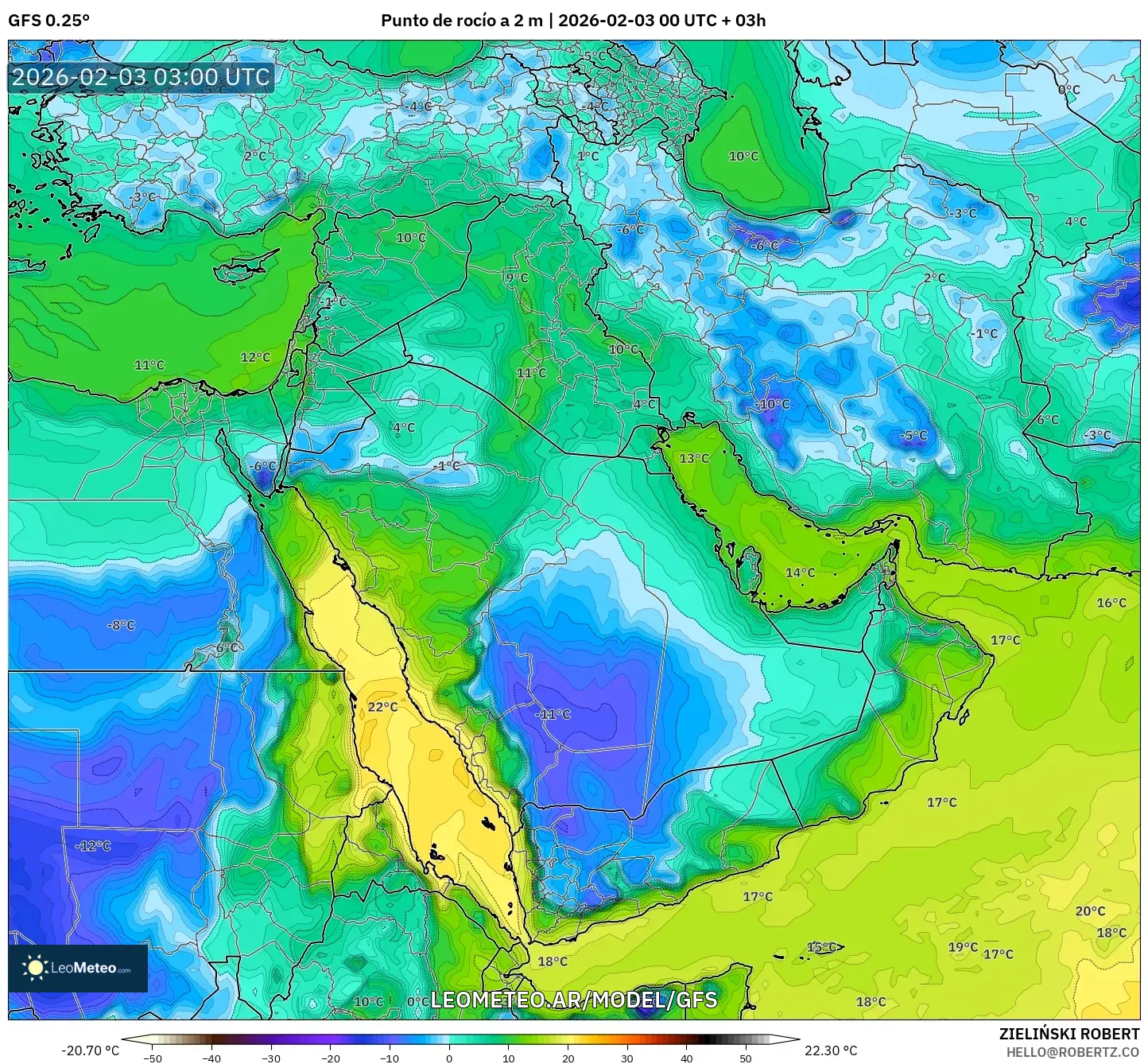 GFS model - Oriente Medio, Punto de rocío a 2 m