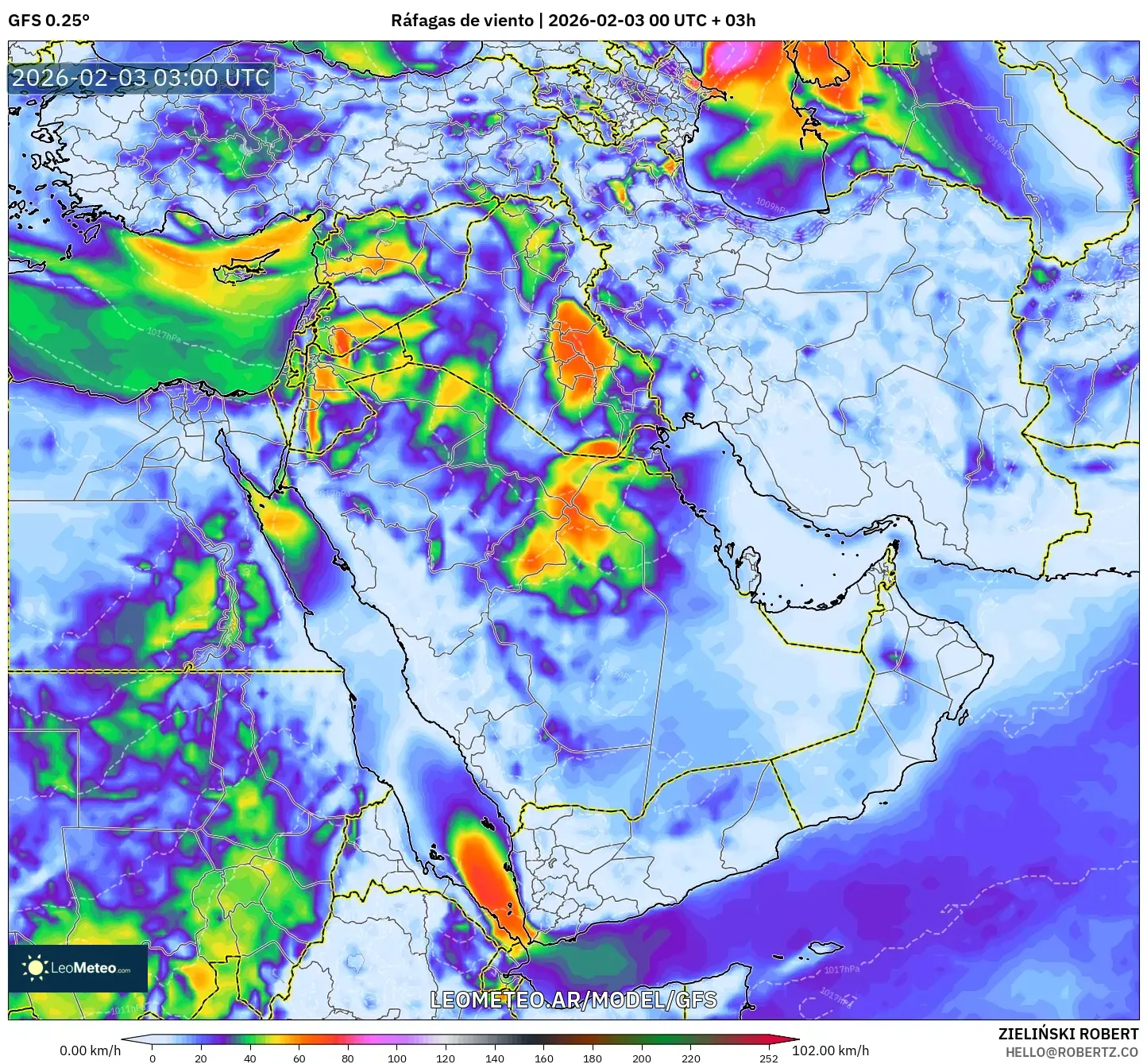 GFS model - Oriente Medio, Ráfagas de viento