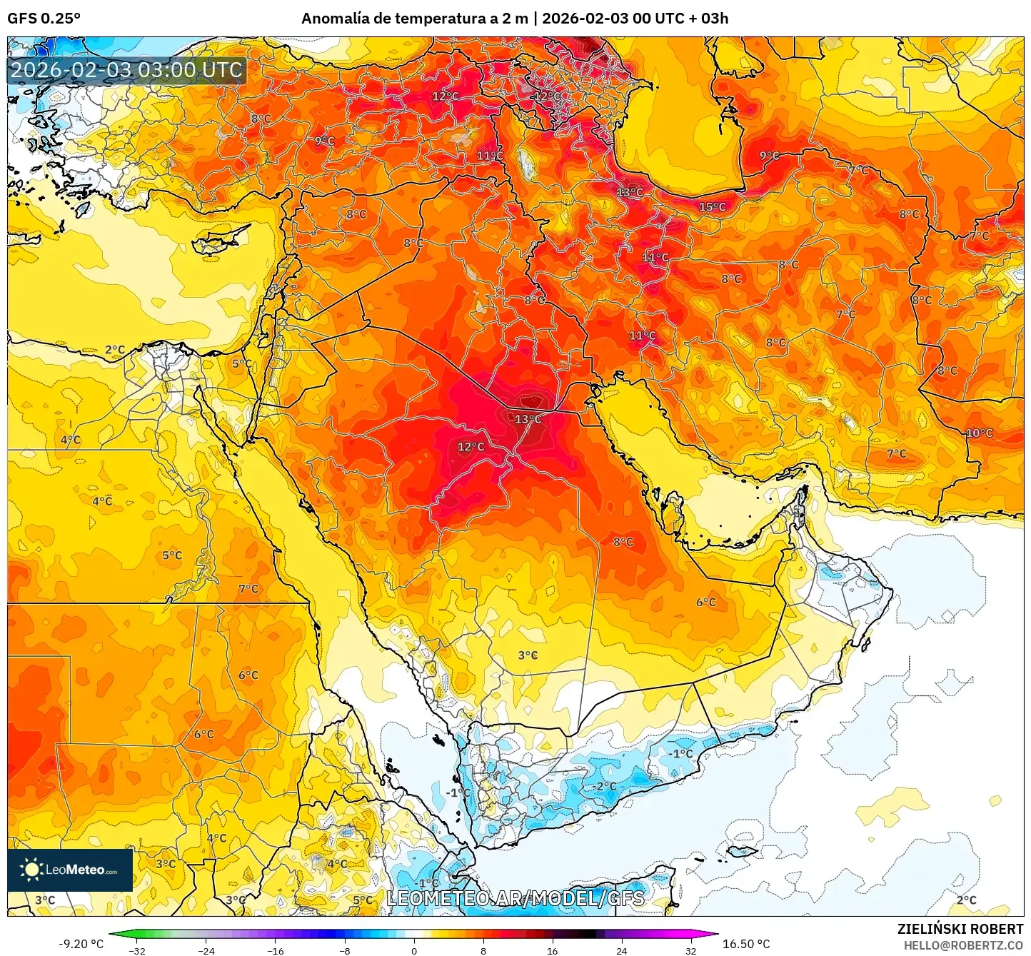GFS model - Oriente Medio, Anomalía de temperatura a 2 m