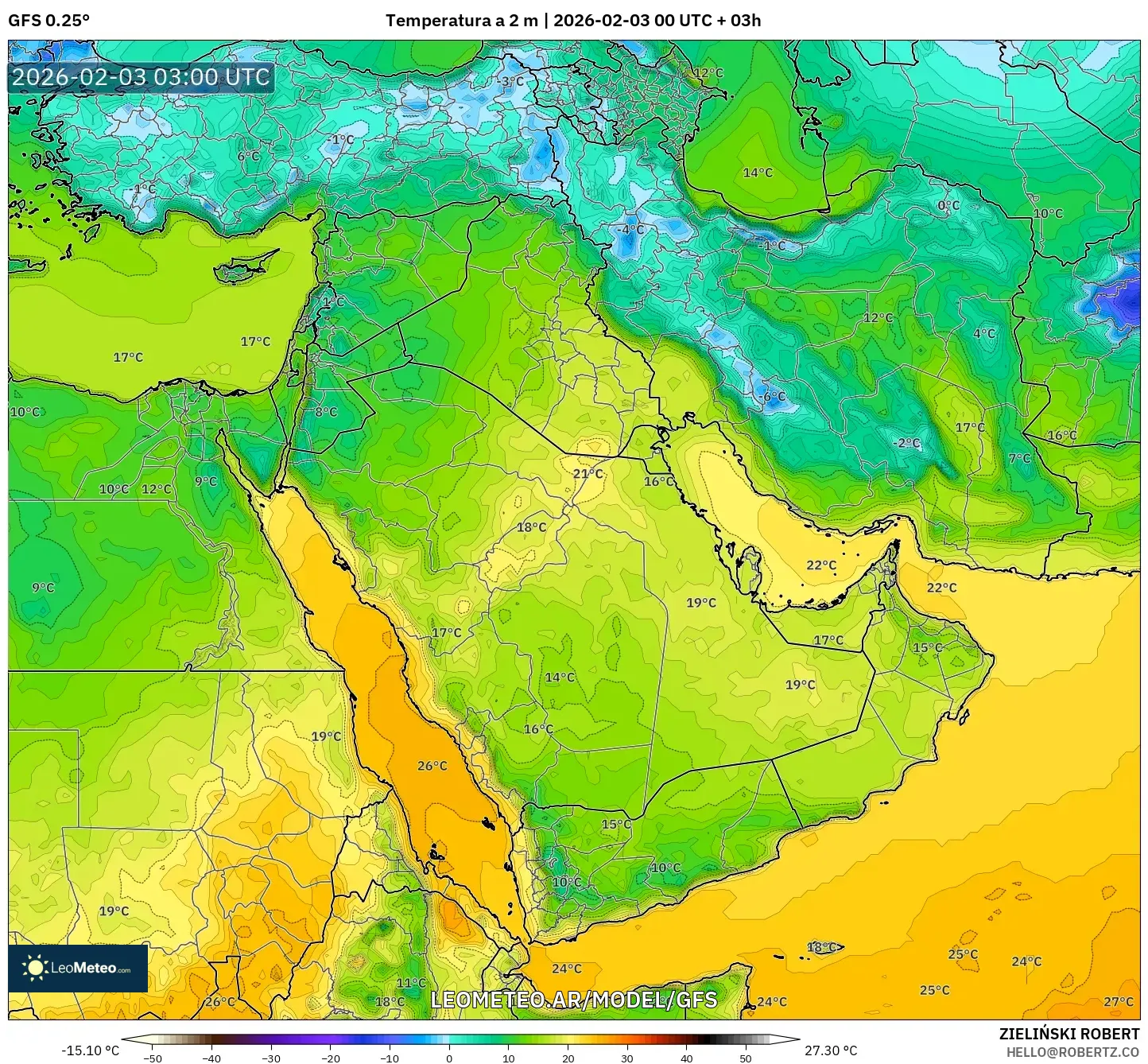 GFS model - Oriente Medio, Temperatura a 2 m