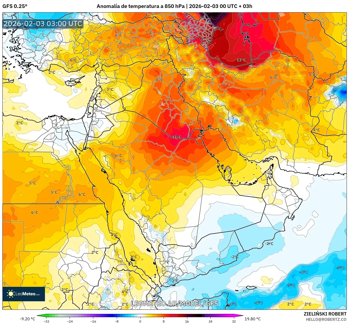 GFS model - Oriente Medio, Anomalía de temperatura a 850 hPa