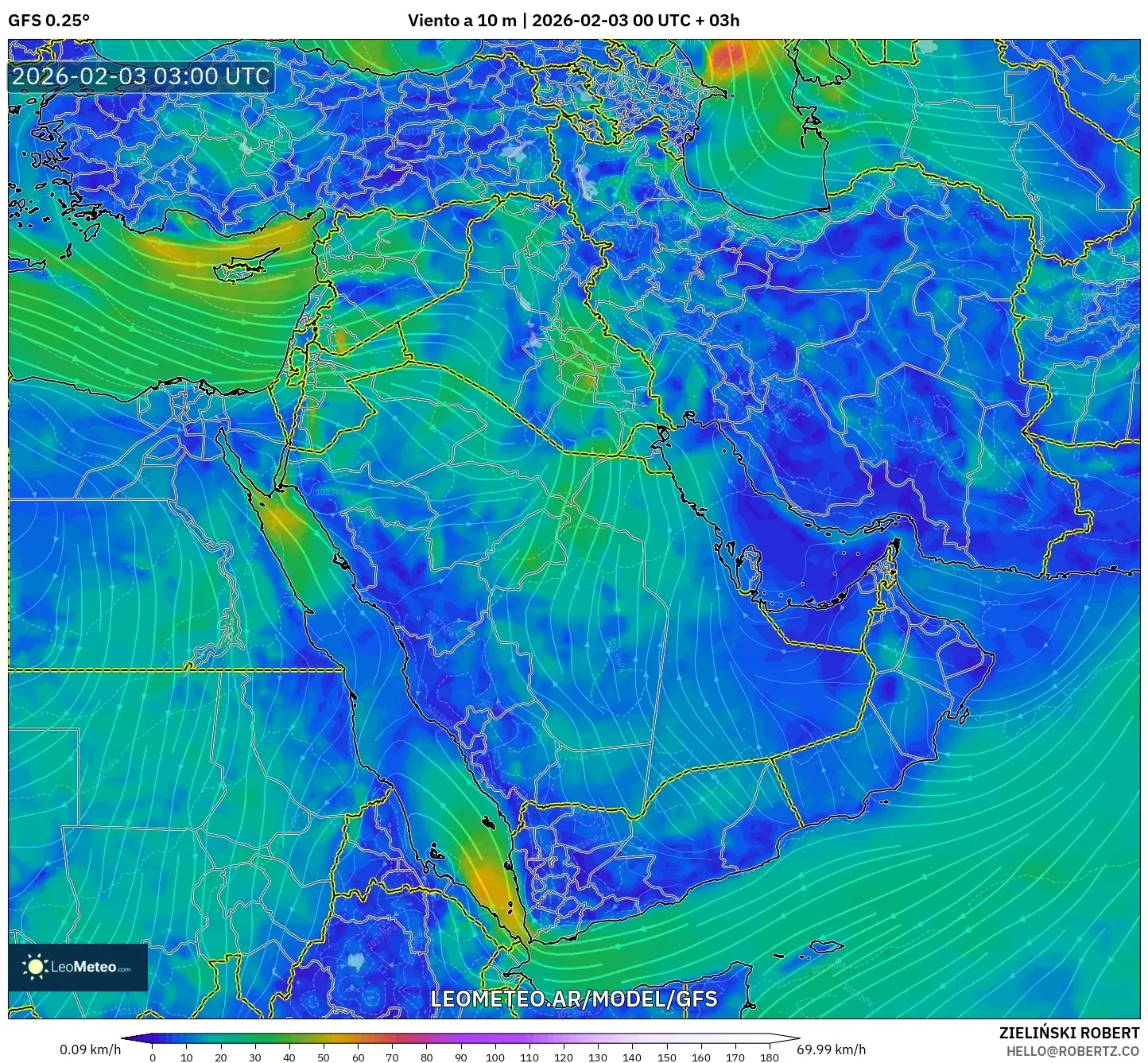 GFS model - Oriente Medio, Viento a 10 m