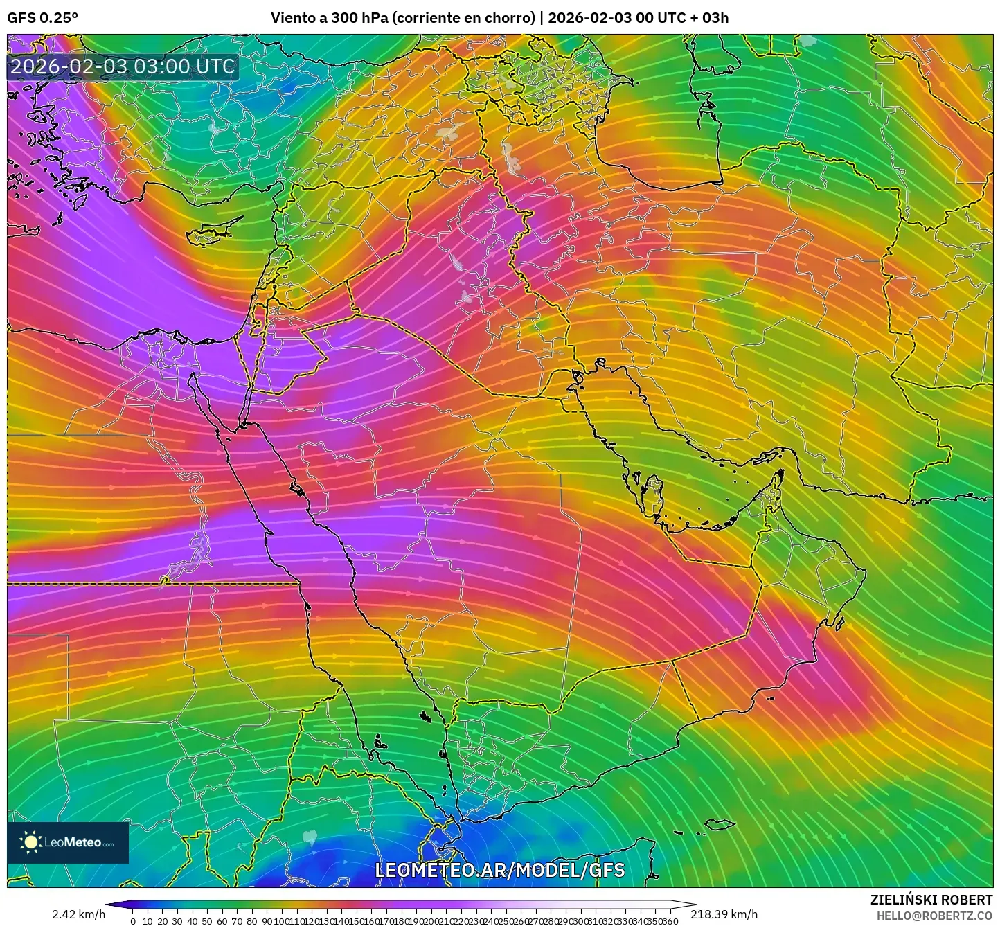 GFS model - Oriente Medio, Viento a 300 hPa (corriente en chorro)