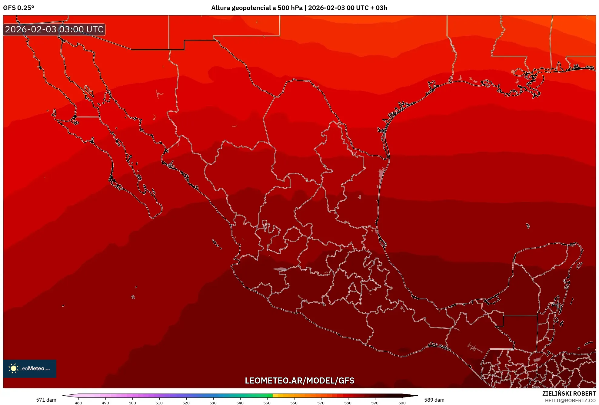 GFS model - México, Altura geopotencial a 500 hPa