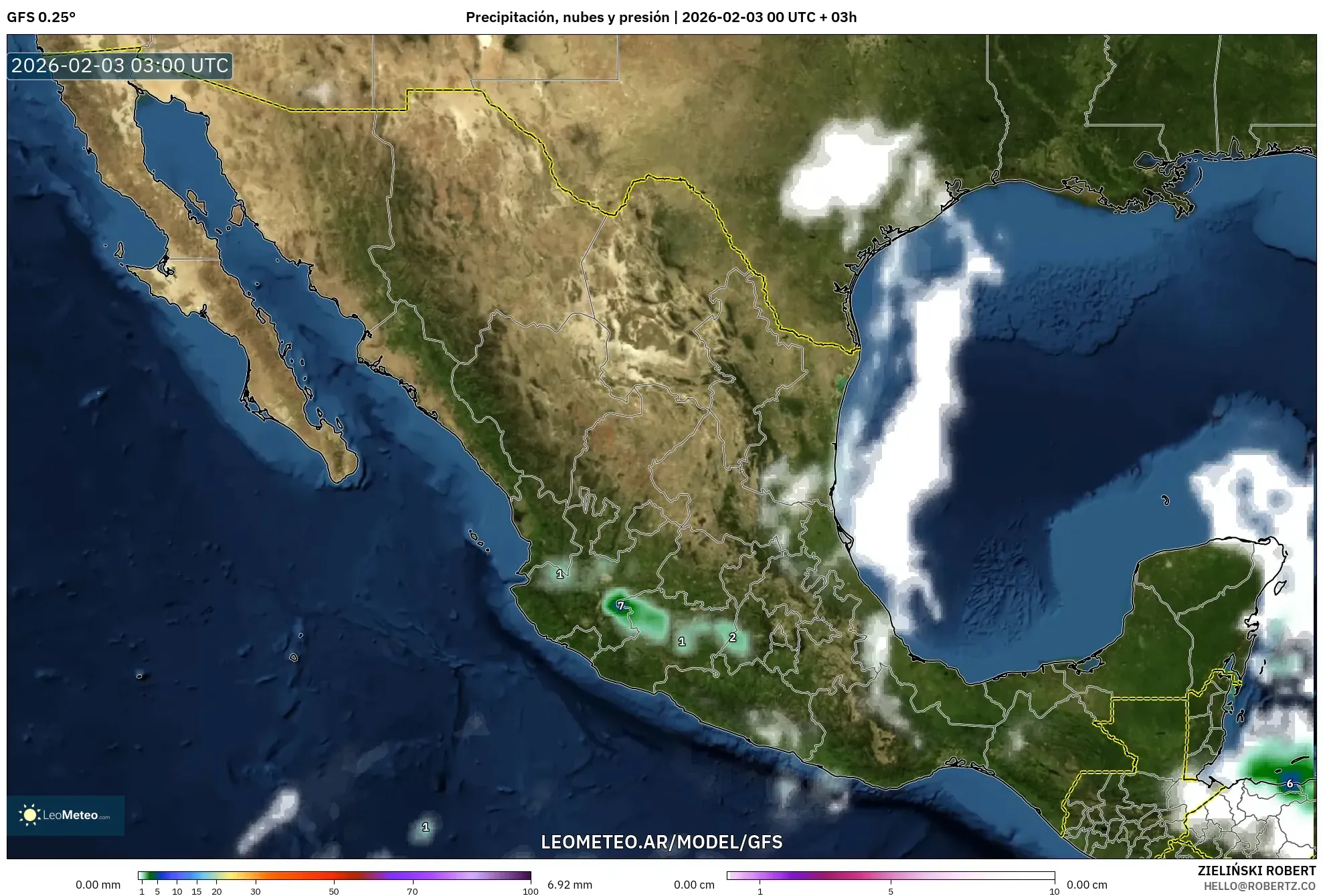 GFS model - México, Precipitación, nubes y presión