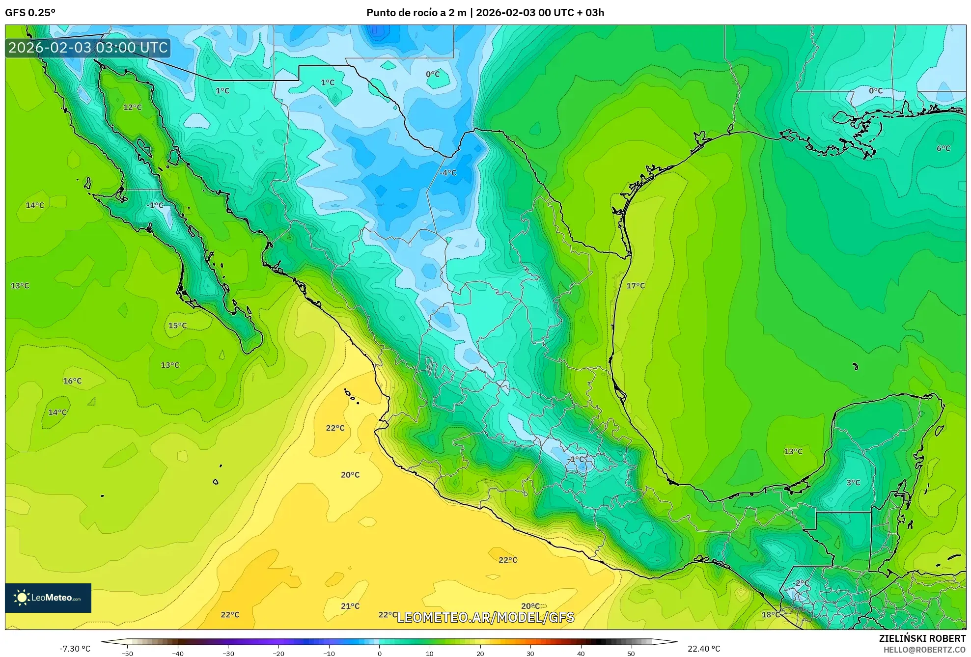 GFS model - México, Punto de rocío a 2 m