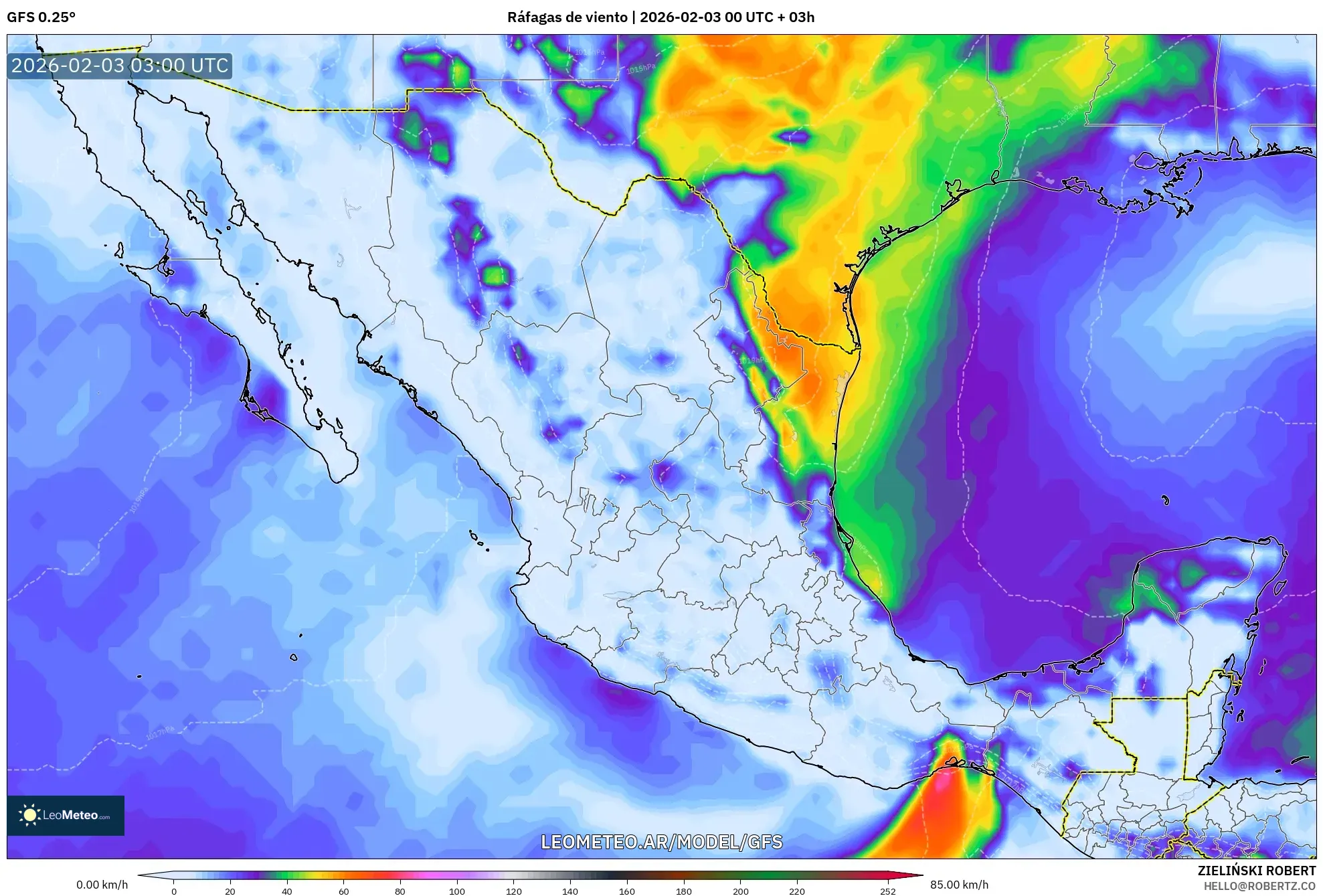 GFS model - México, Ráfagas de viento