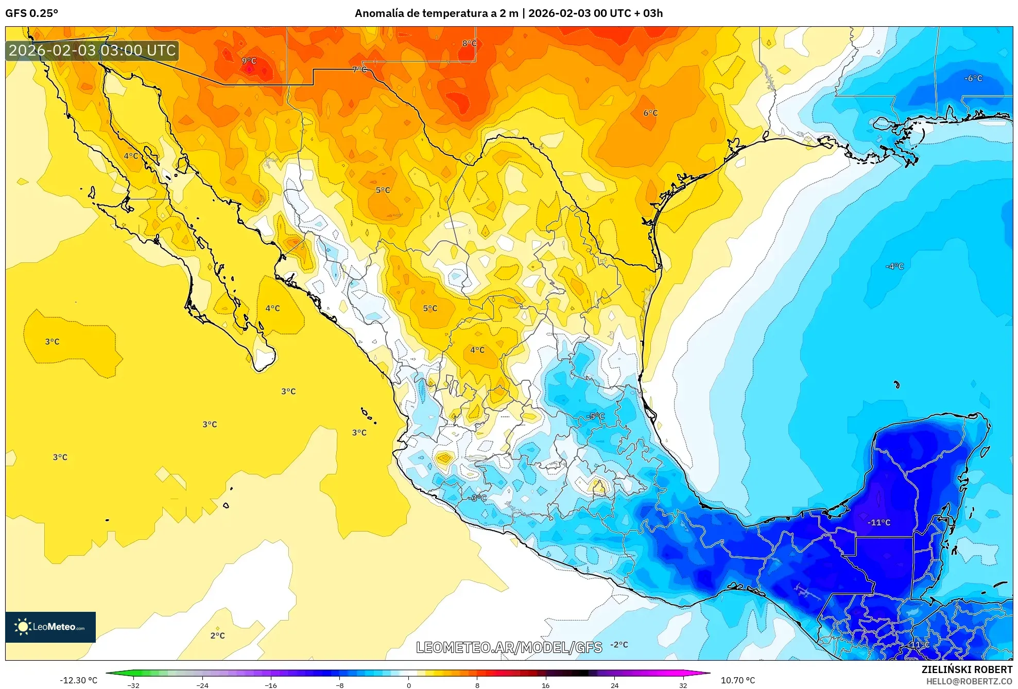 GFS model - México, Anomalía de temperatura a 2 m