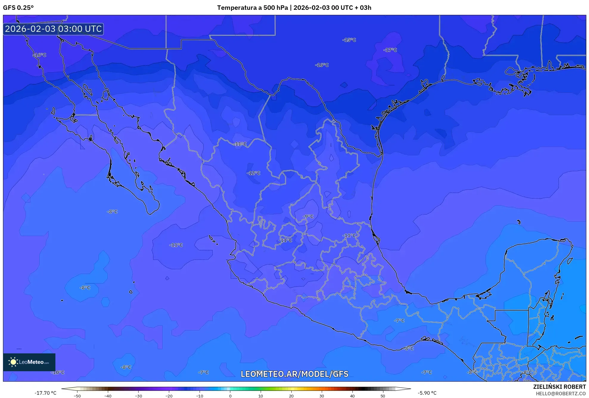GFS model - México, Temperatura a 500 hPa